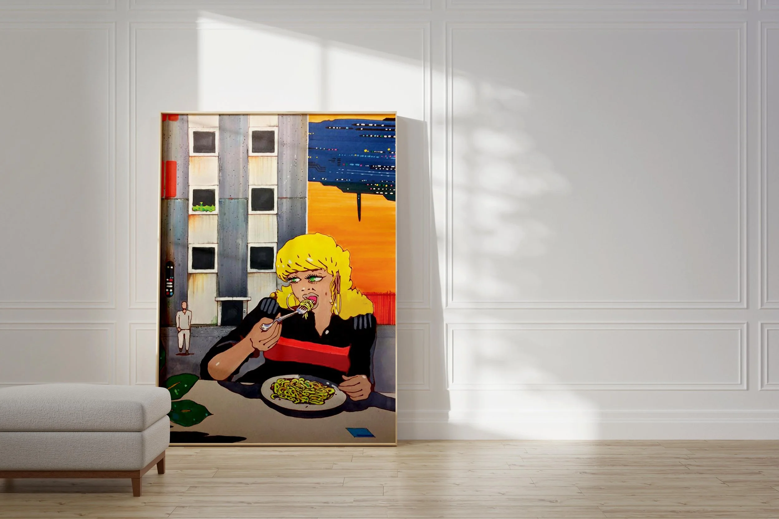 A framed print of a girl eating spaghetti by ARMNP with the picture resting against a white wall.