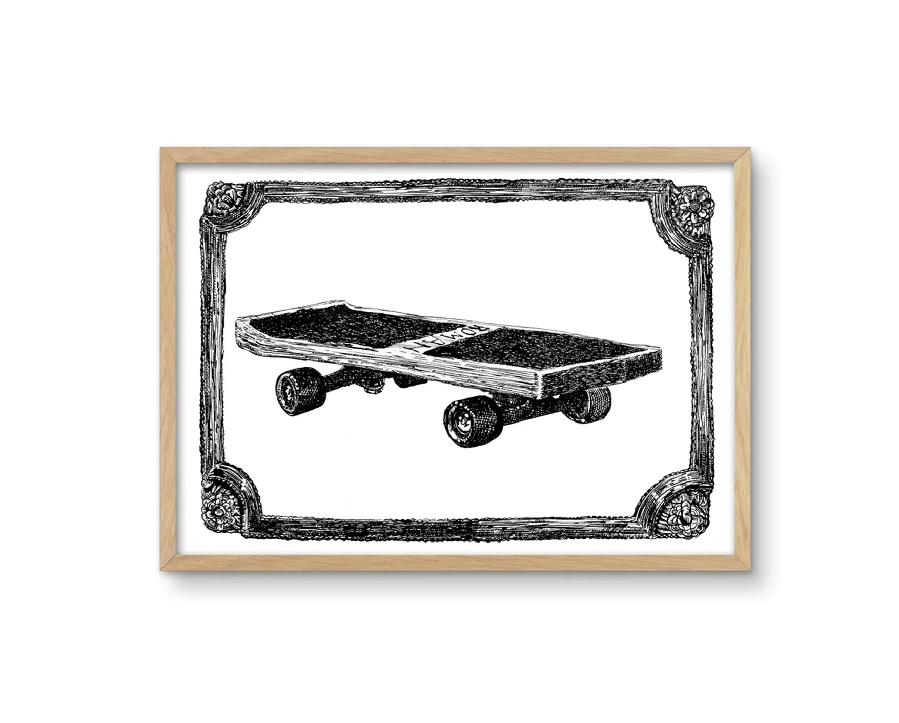 A framed print of a black and white illustration of a skateboard in a frame by ARMNP.