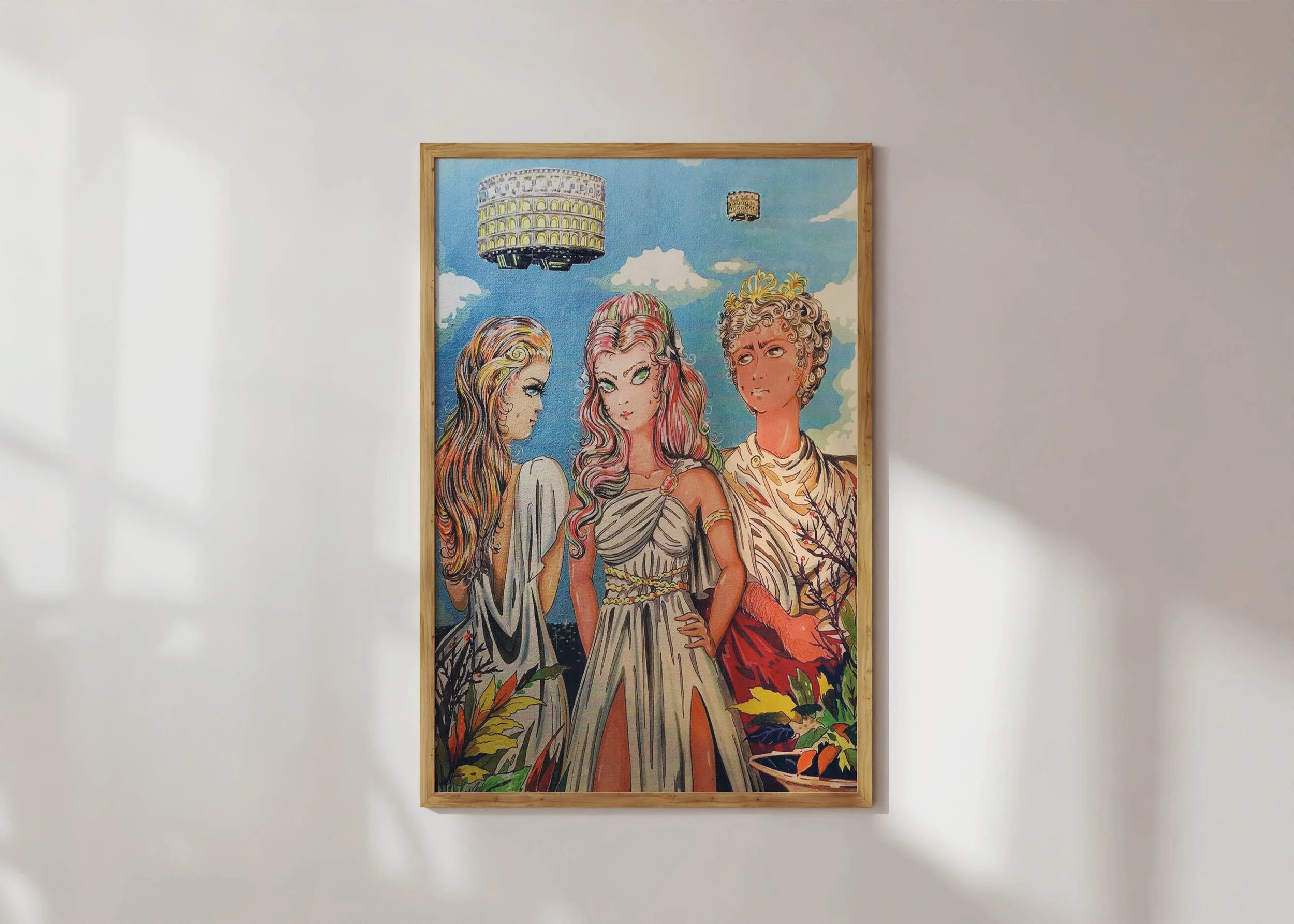 A framed Art for all print of three women wearing togas and the colosseum in the sky.