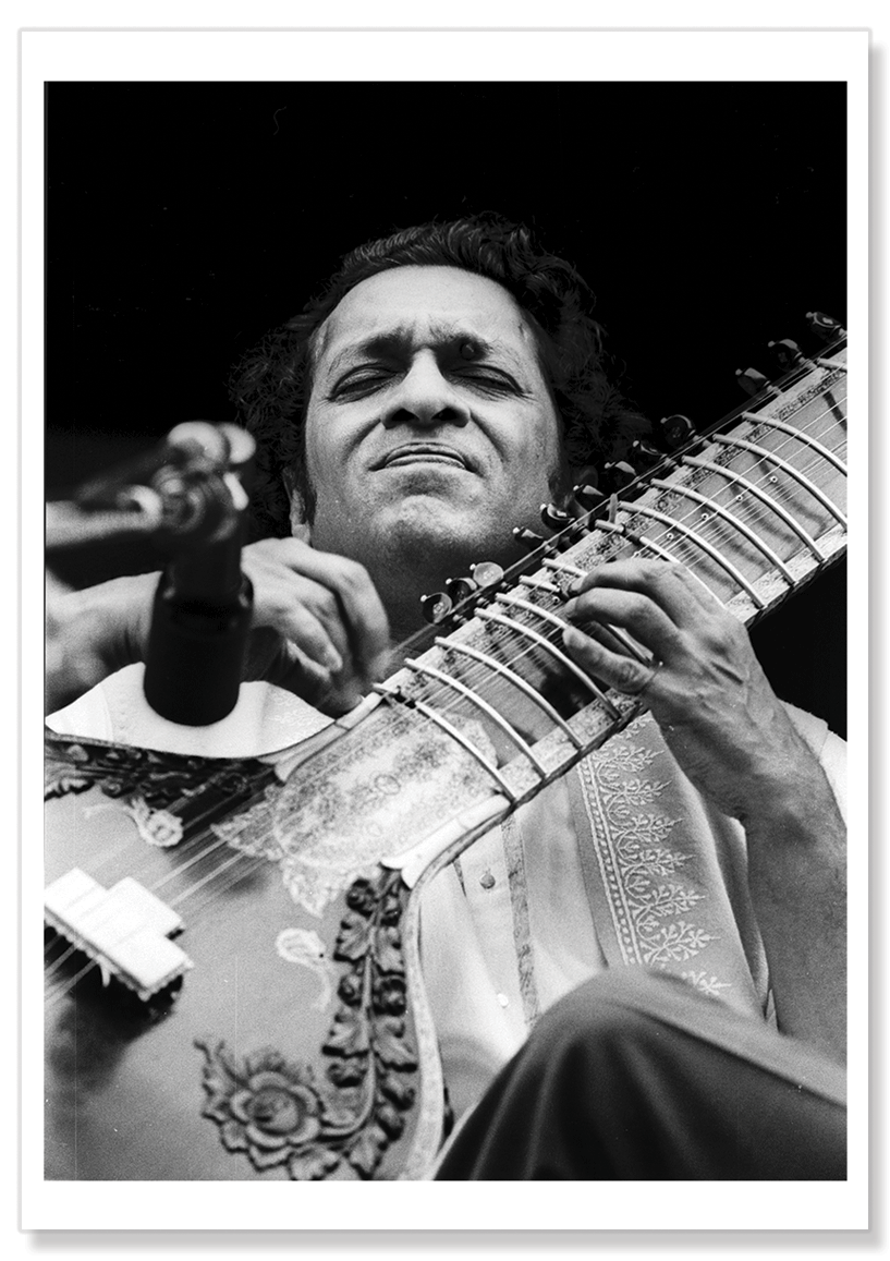 A black and white photographic close-up image of Ravi Shankar playing sitar at Monterey Pop Festival in 1967.   Print shows borders and drop shadow.