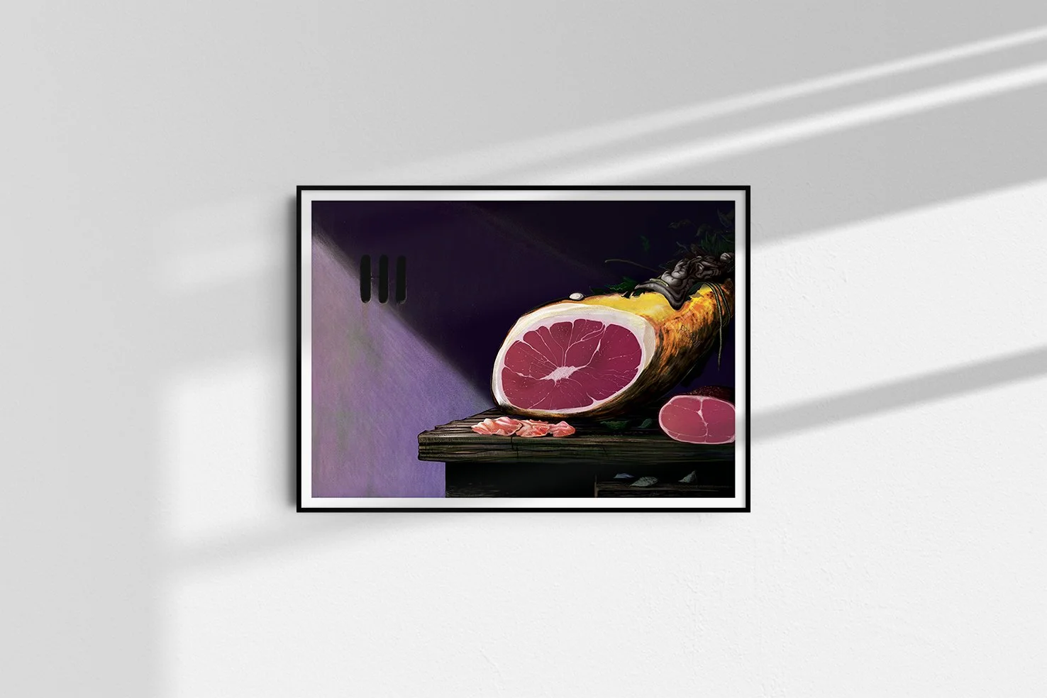 A framed print of ARMNP's ham artwork, set against a white wall.