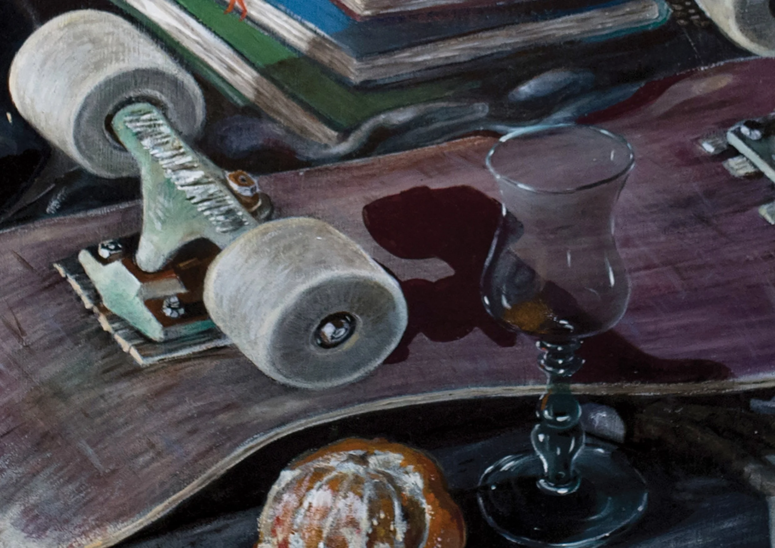 A zoom view of the Ultimate Supper painting by ARMNP, with wine, fruit and an upturned skateboard on a table.