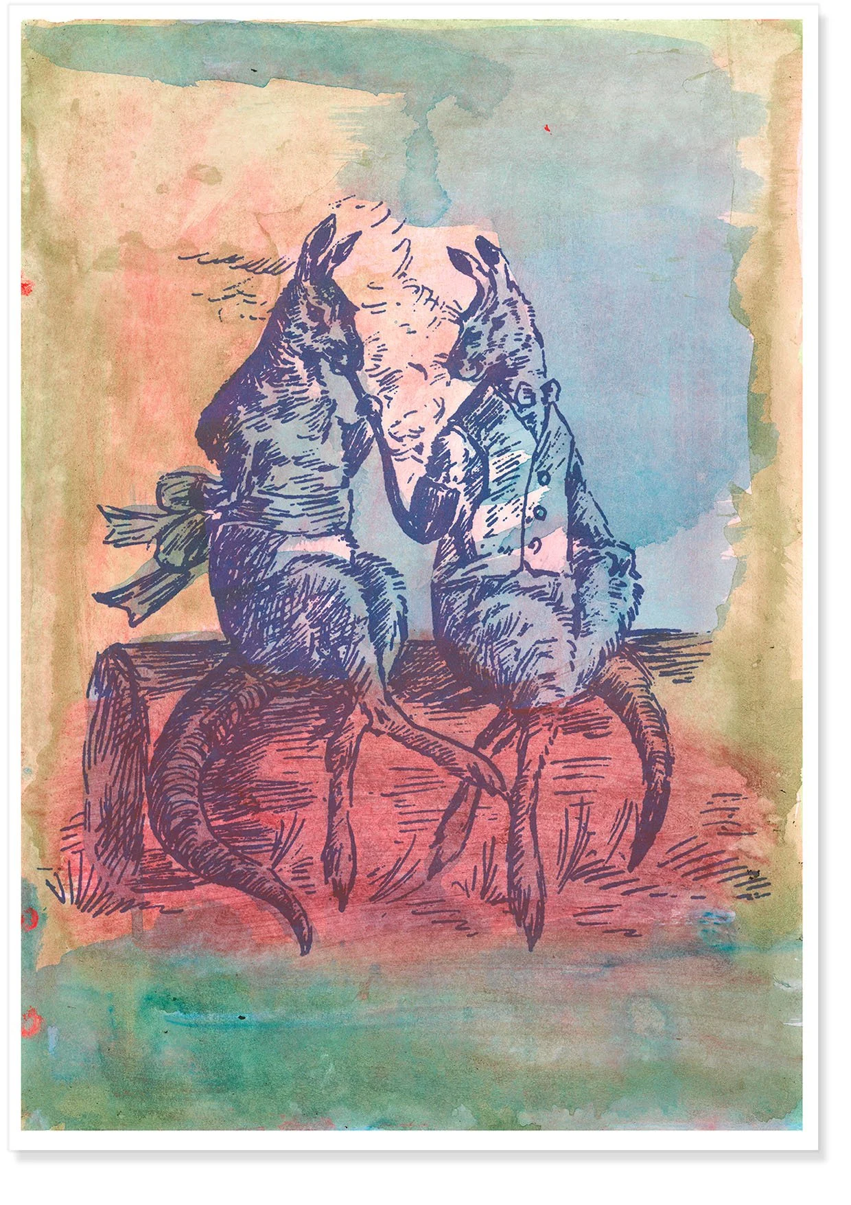 Kangas smoking a pipe illustration by Nancy Parker with an artistic colourful background by Hoponit Studio, with a drop shadow.