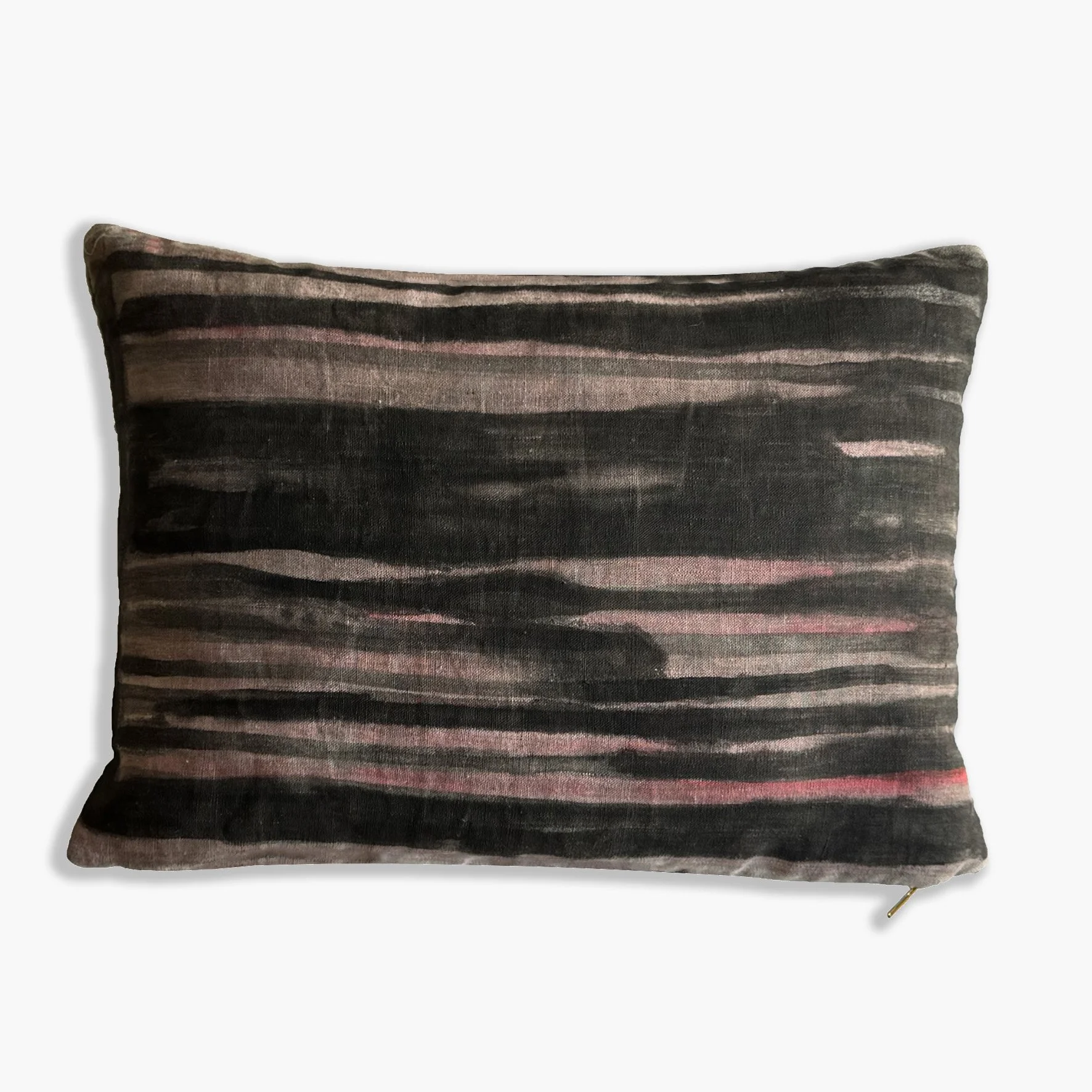 Lumbar cushion with horizontal stripes in grey, pink and black.  Painted by artists in Hoponit Studio.