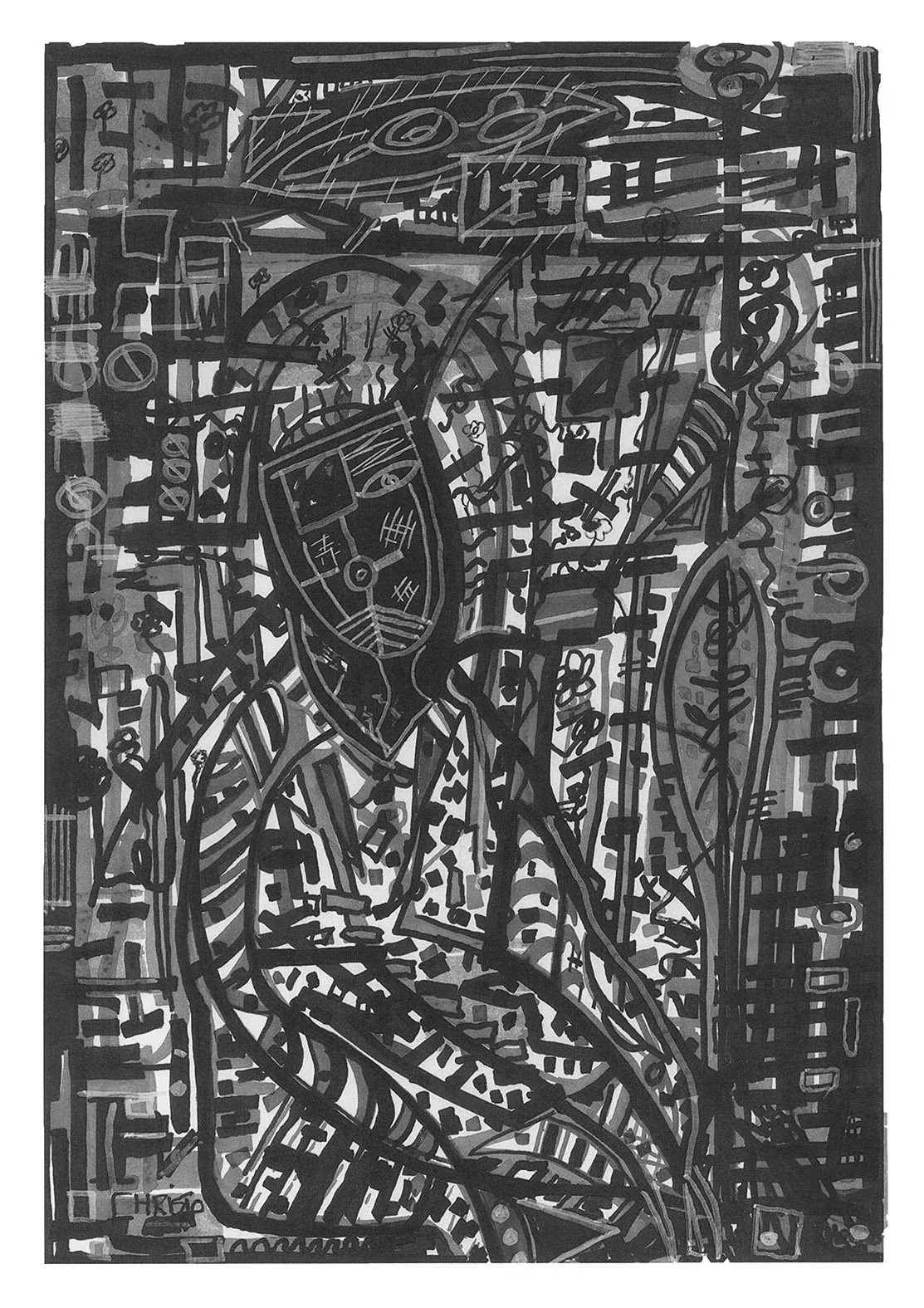 Black and white version of line drawing and ink featuring a leadlight pattern.