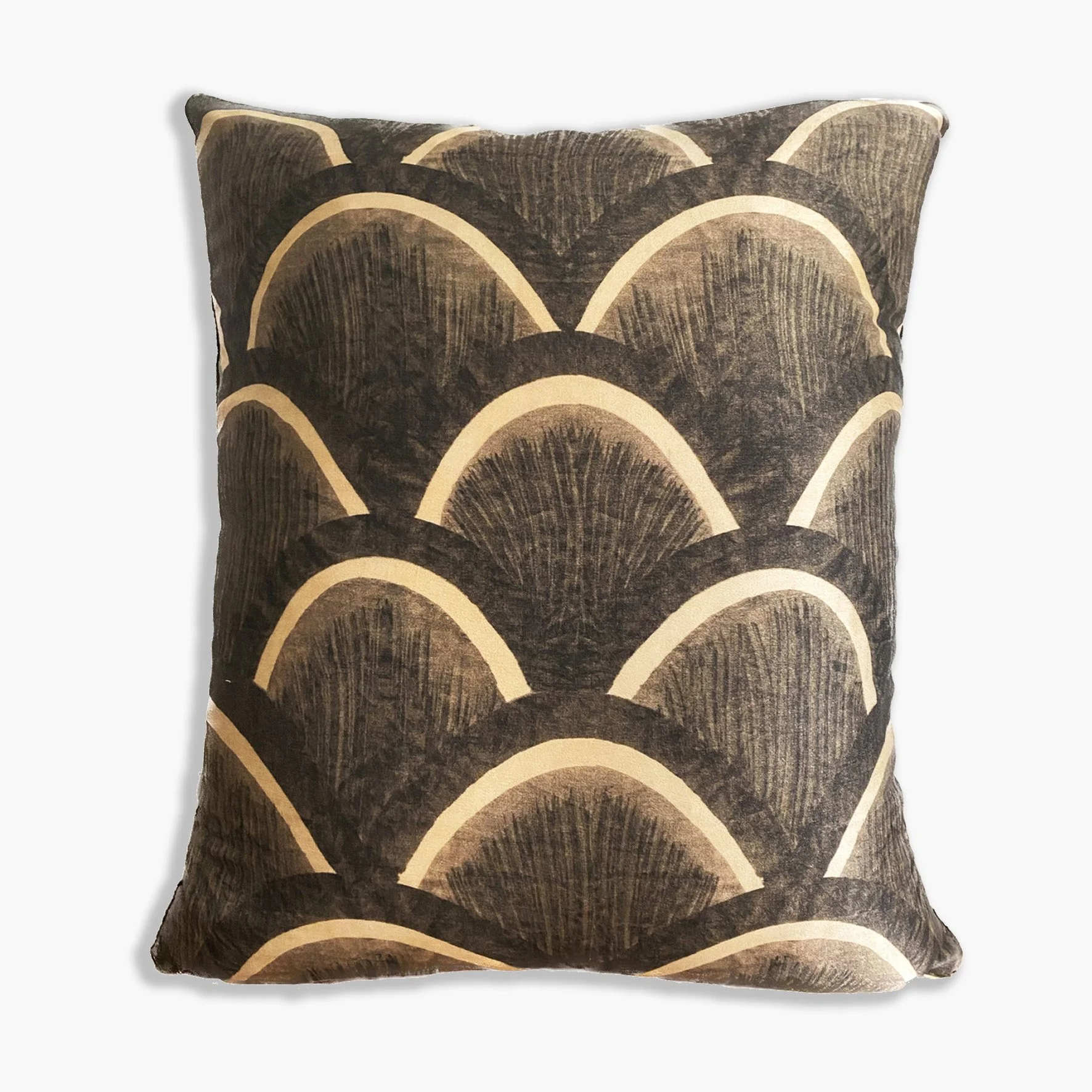 An image of a small silk luxe cushion printed with Japanese fish scales in brown, from original Japanese kite fabric, with a grey background and drop shadow..