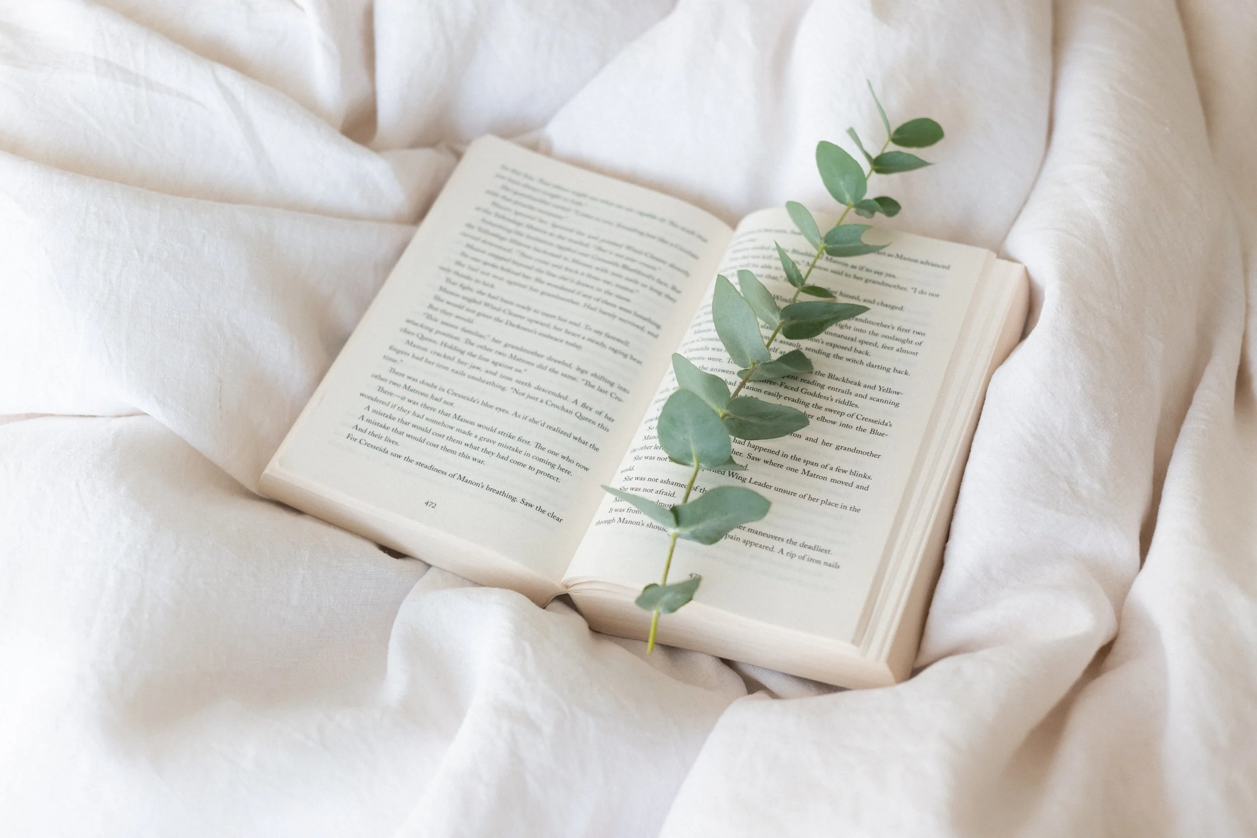 Open book with a eucalyptus sprig resting on white bedding.