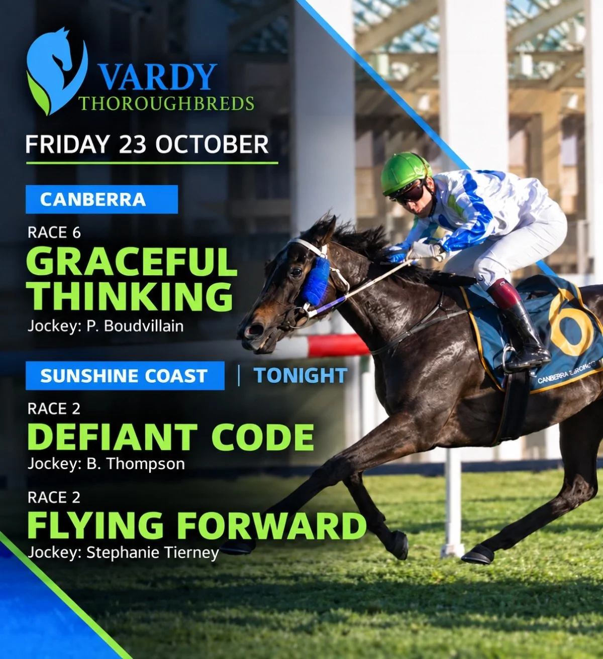 3 runners, 2 states. 

Graceful Thinking lines up for her second race start for @pepperracing2 and Pierre Boudvillain @thoroughbredpk , Canberra. She&rsquo;s out to 1200 and with natural improvement from her first run, she&rsquo;s expected to run wel