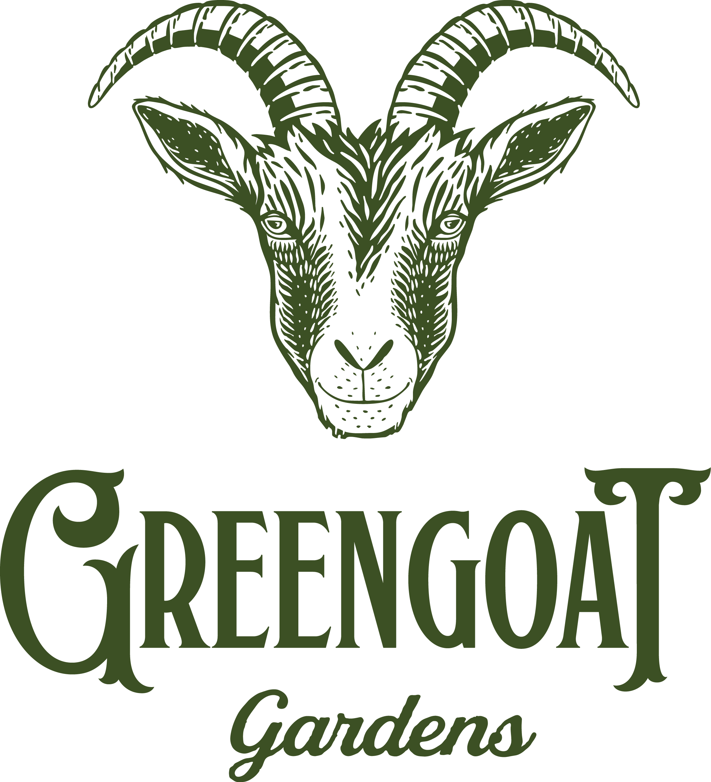 Logo of Greengoat Gardens featuring a green illustration of an goat's head and the text 'Greengoat Gardens' with a black background.