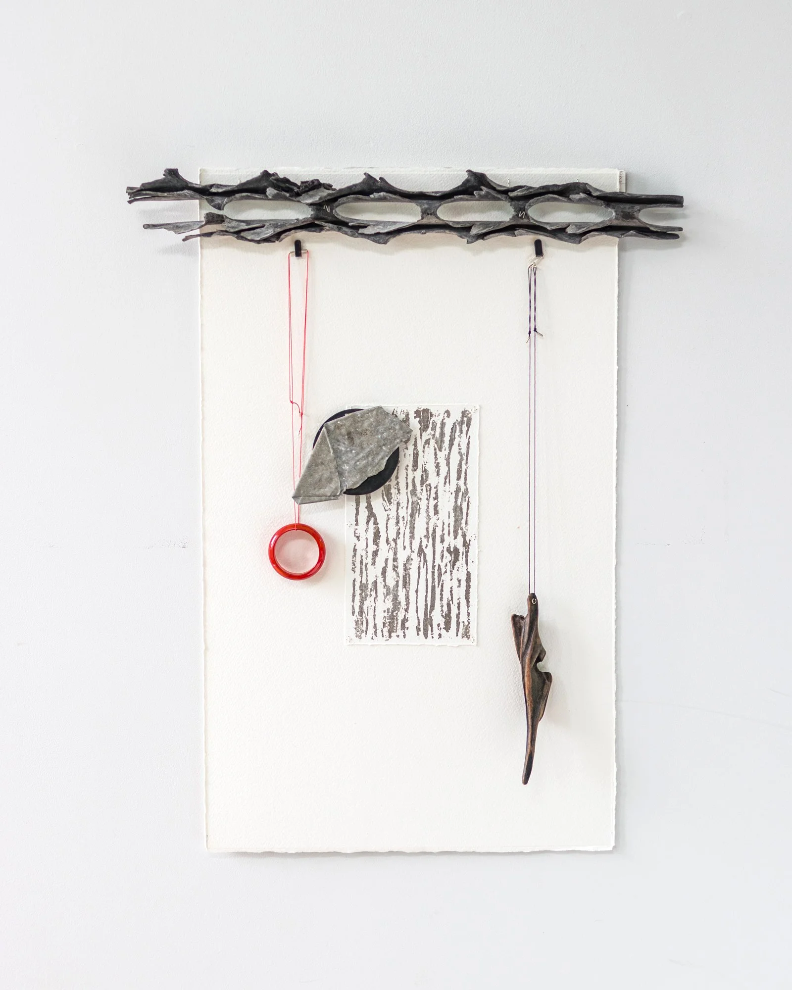  95. Fiona Christeller 
  Eastbourne Beach; Ranfurly; Te Awanga Beach.  
 Series title:  What can’t be left behind? 
 (2026)
 Mixed media, see individual label
 560 x 450 x 45mm
 $1,280