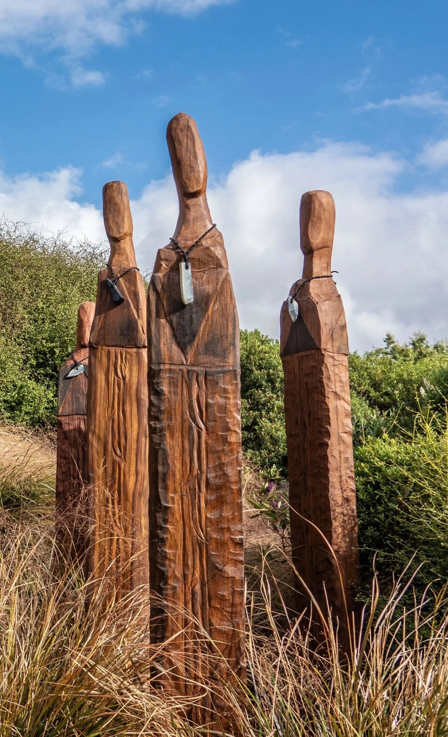  10. Anton Forde 
  Pou Whetū 1, 2, 3, 4  
 (2024)
 Australian hardwood, Ngai Tahu Pounamu taonga, oil
 2700 x 262 x 130mm, 2400 x 262 x 130mm, taonga: 112 x 95 x 34mm
 Open series
 $6,000 each
 Only 3 still available. 