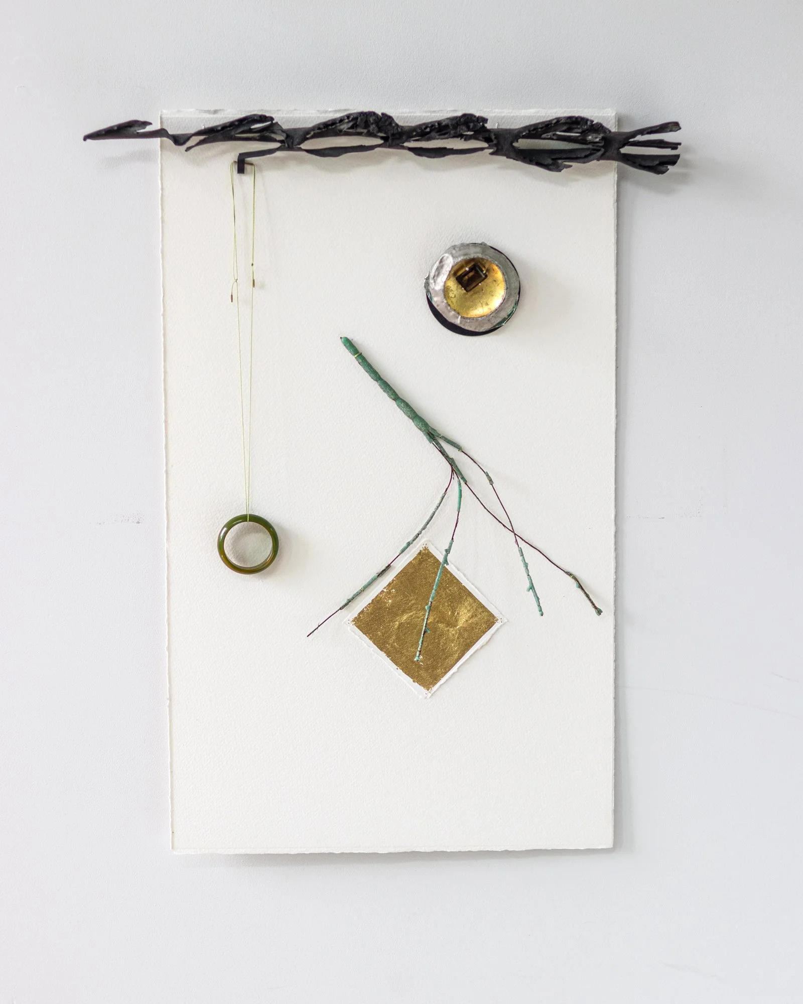  95. Fiona Christeller 
  Eastbourne Beach, Mitiaro Island, Ranfurly.   
 Series title:  What can’t be left behind? 
 (2026)
 Mixed media, see individual label
 560 x 450 x 45mm
 $1,280