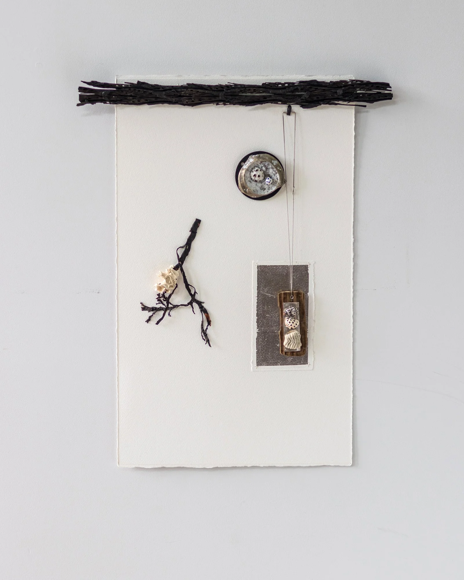  95. Fiona Christeller 
  Eastbourne Beach; Mitiaro Island; Venice.  
 Series title:  What can’t be left behind? 
 (2026)
 Mixed media, see individual label
 560 x 450 x 45mm
 $1,280