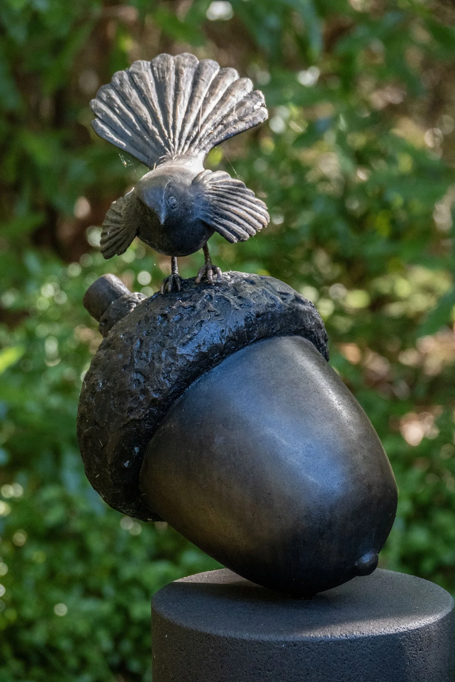  27. Fiona Garlick 
  Little Messenger  
 (2026)
 Bronze on Timaru bluestone plinth
 360 x 250 x 180mm, plinth H:980mm
 Ed. 2 of 7
 $15,000
 Ed. 2   SOLD  , Ed. 3 available to commission
