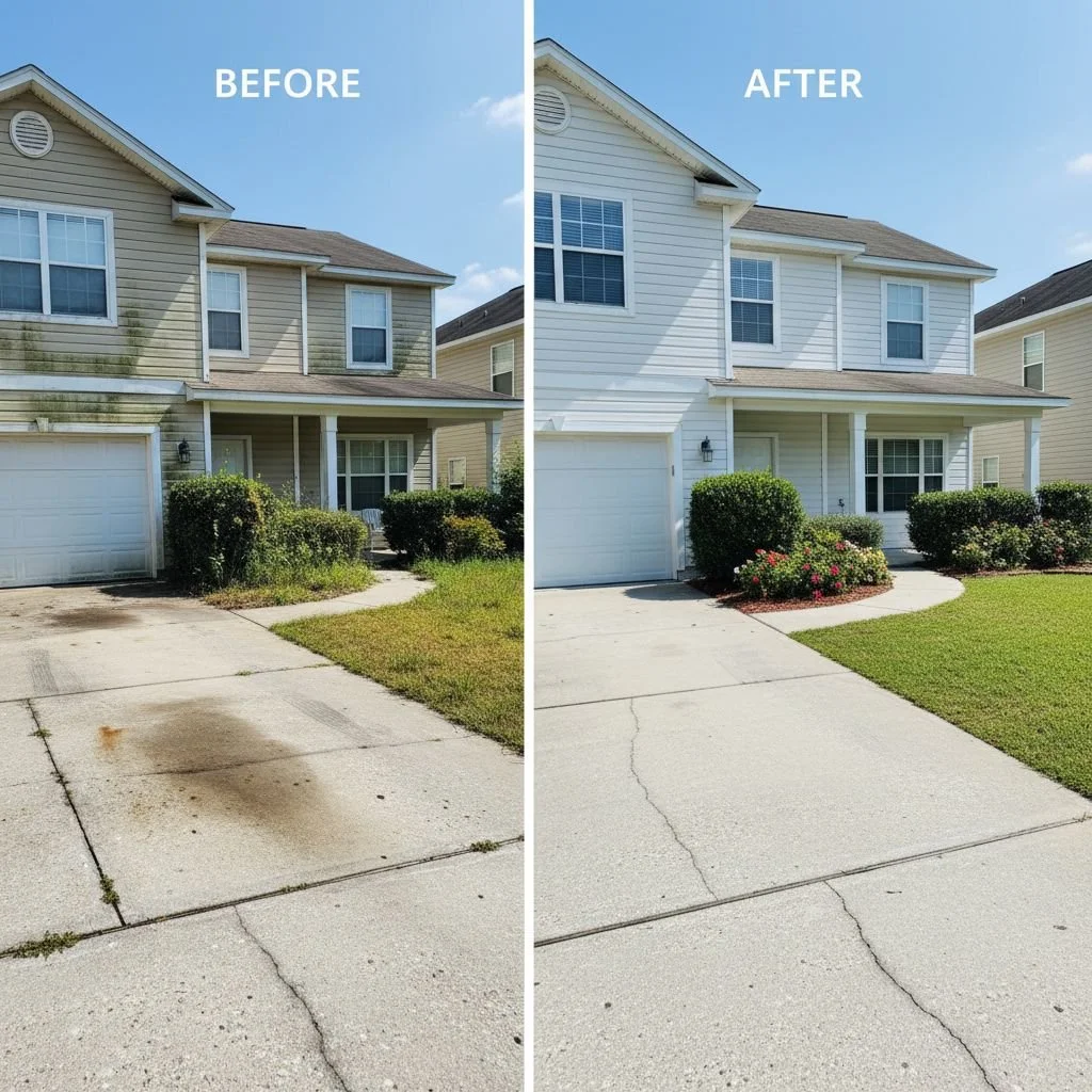 PRESSURE WASHING TRANSFORMATION

Before: Stained driveway and dirty exterior
After: Fresh, clean, and professional appearance

Pressure washing restores your property's value and curb appeal. AMIC Property Services serves Jacksonville, Duval, St. Joh