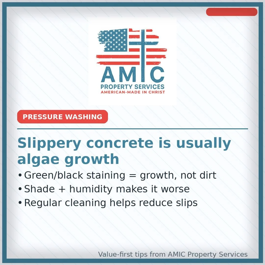 Slippery Concrete Isn't Just Dirt: That green or black staining is algae growth, not dirt. Shade and humidity make it worse, and it creates slip hazards. Regular professional cleaning reduces safety risks and keeps your property looking sharp.

Proud