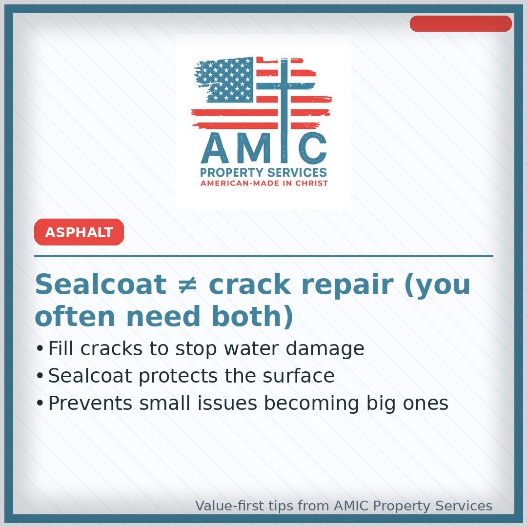 Sealcoat vs. Crack Repair: You Often Need Both: Fill cracks to stop water damage, then sealcoat to protect the surface. Combining both strategies prevents small issues from becoming expensive repairs. Smart asphalt maintenance saves money long-term.
