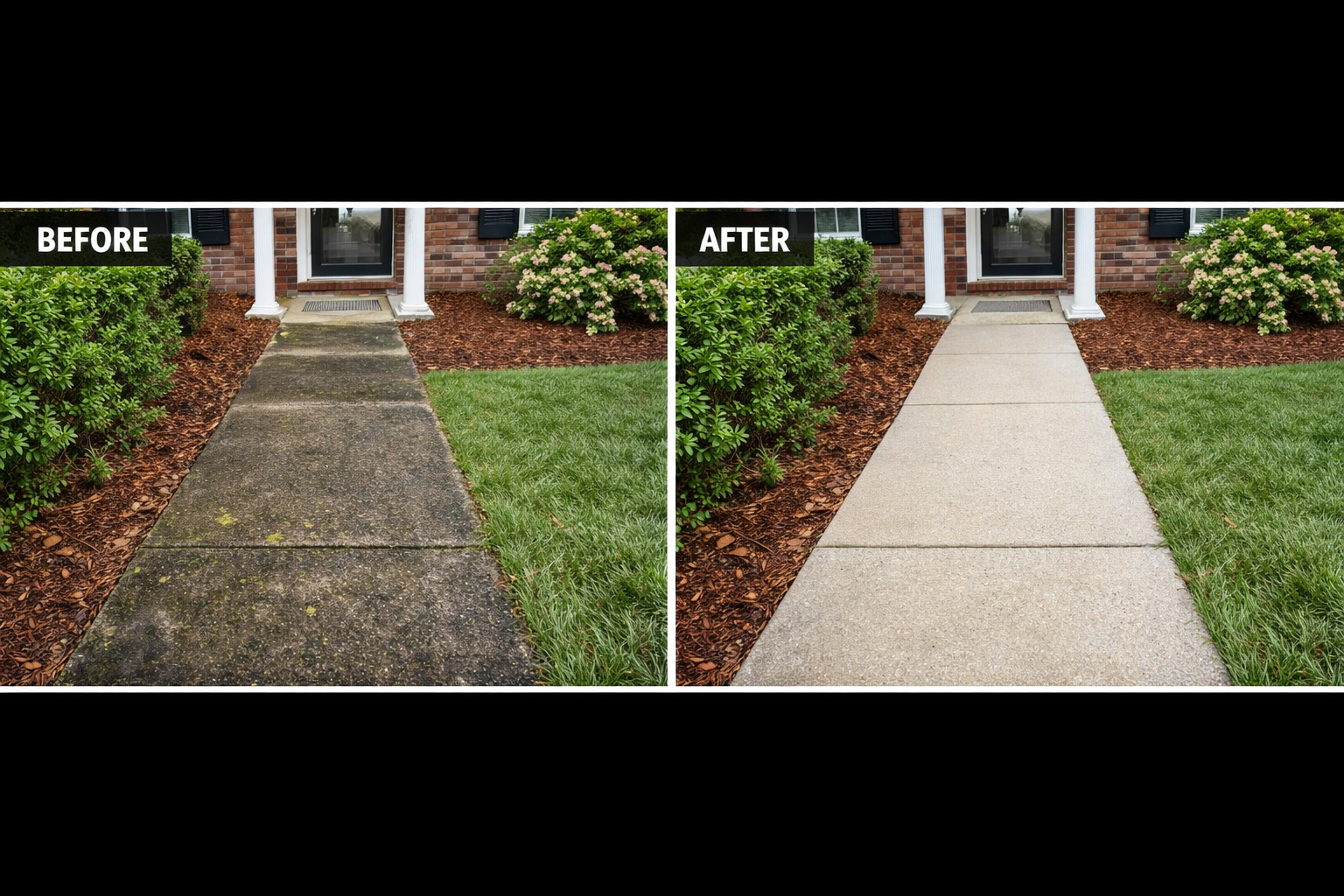 Before and after pressure washing of a concrete walkway and entry path in Jacksonville, Florida
