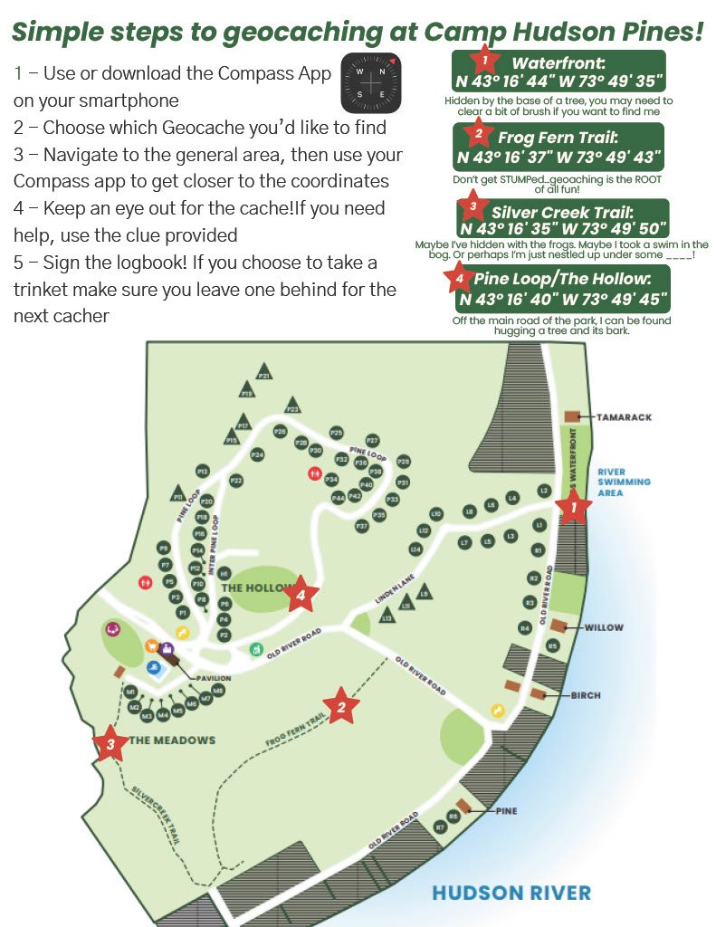 Map of Camp Hudson Pines with geocaching locations marked by red stars numbered 1 to 4, indicating Waterfront, Frog Fern Trail, Silver Creek Trail, and Pine Loop/The Hollow. Text provides steps for geocaching, including using the Compass App, choosing a geocache, navigating via coordinates, and signing the logbook.
