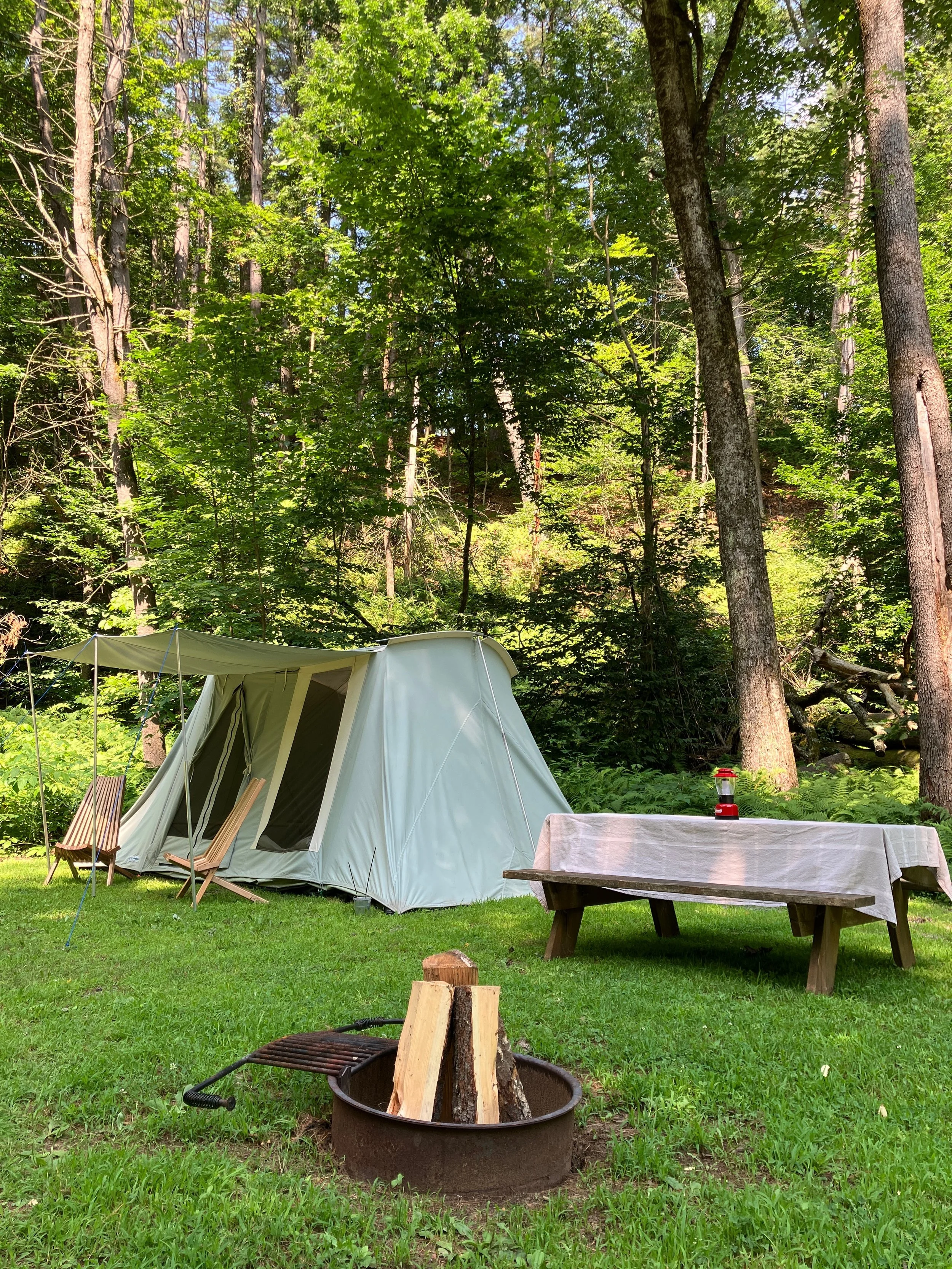 Create your perfect camping setup at Camp Hudson Pines. A vintage blue tent sits in a forest clearing with a table with a tablecloth, a lantern, a fire pit with wood, and two wooden chairs, surrounded by tall trees and green foliage.