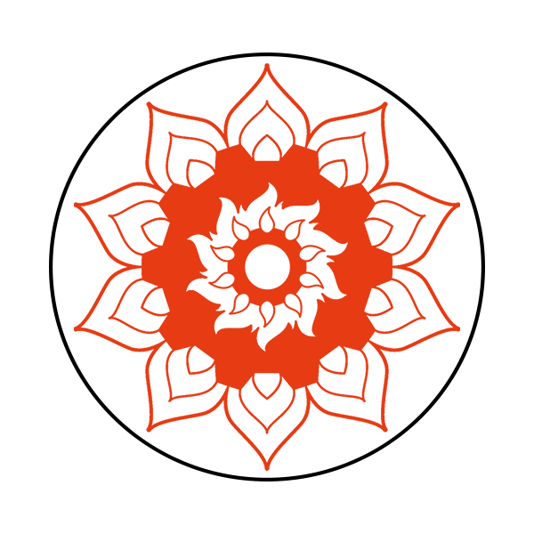 A circular design featuring a white background with red floral and fiery patterns in the center, resembling a stylized flower or mandala.