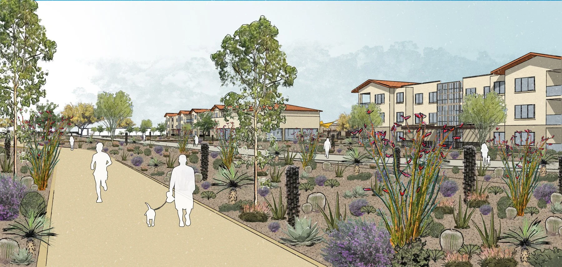image of rendering of outdoor space of senior living campus design