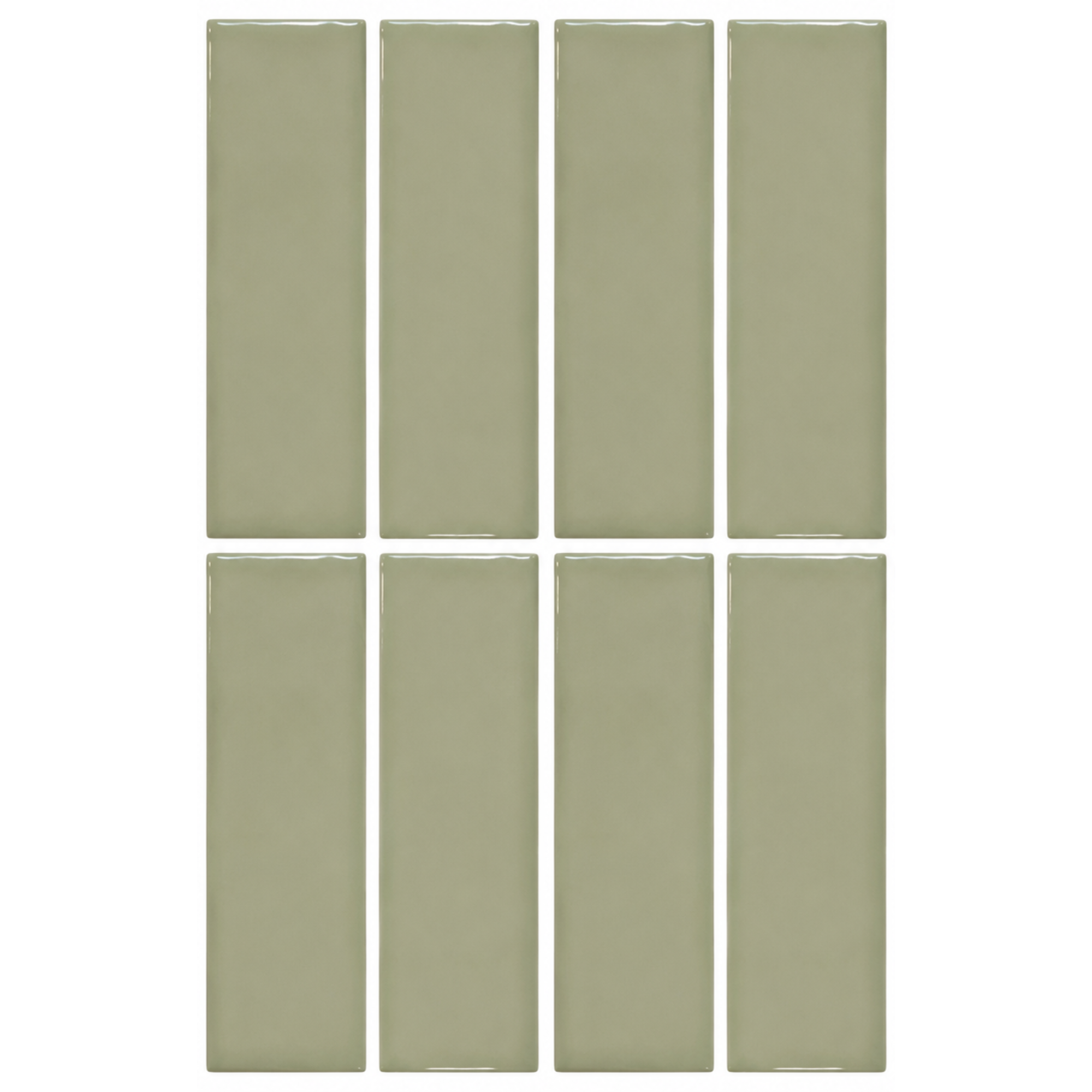 Marlow Sage gloss subway tiles in a 50x200 format with a handcrafted finish