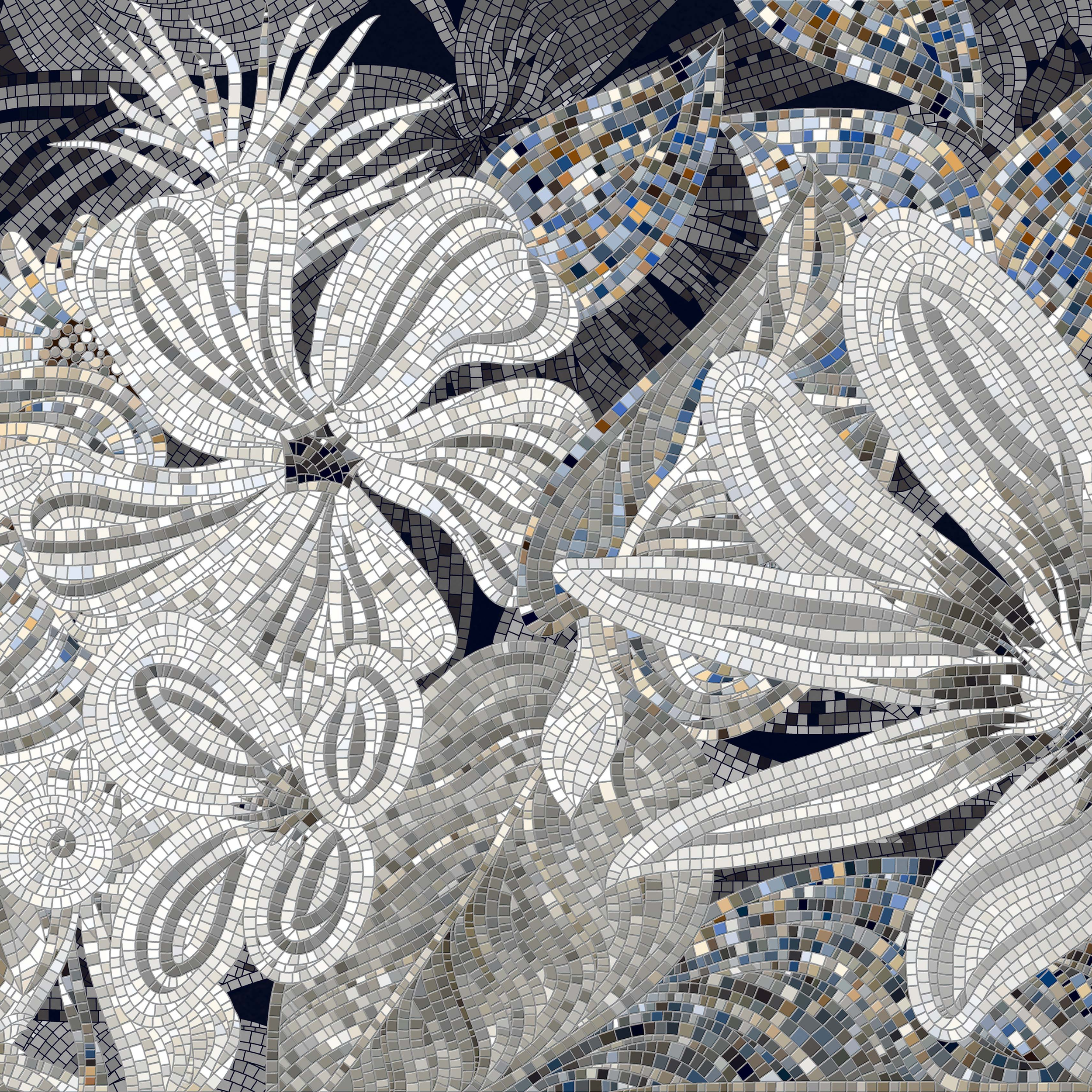 Botanical mosaic tile in silver, cream, and navy