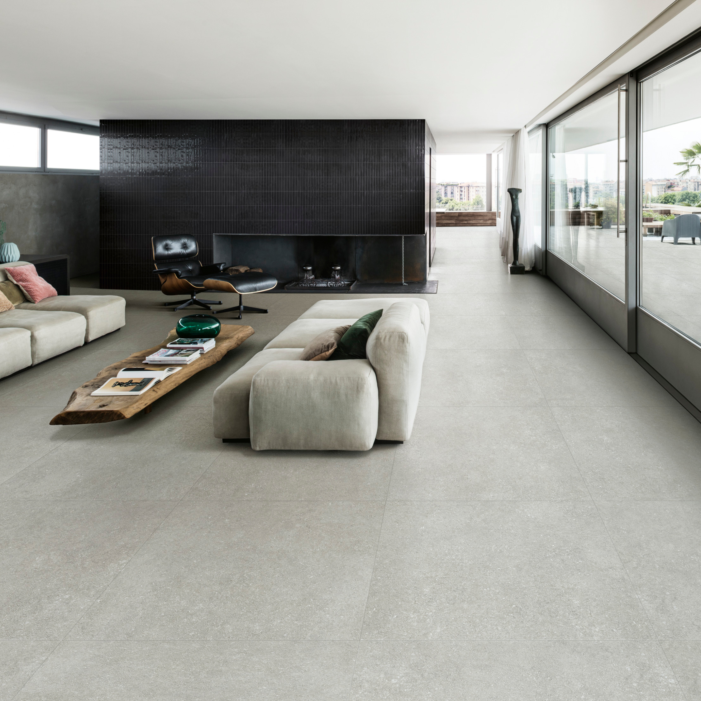 Soft grey stone look porcelain tile with subtle mineral detail
