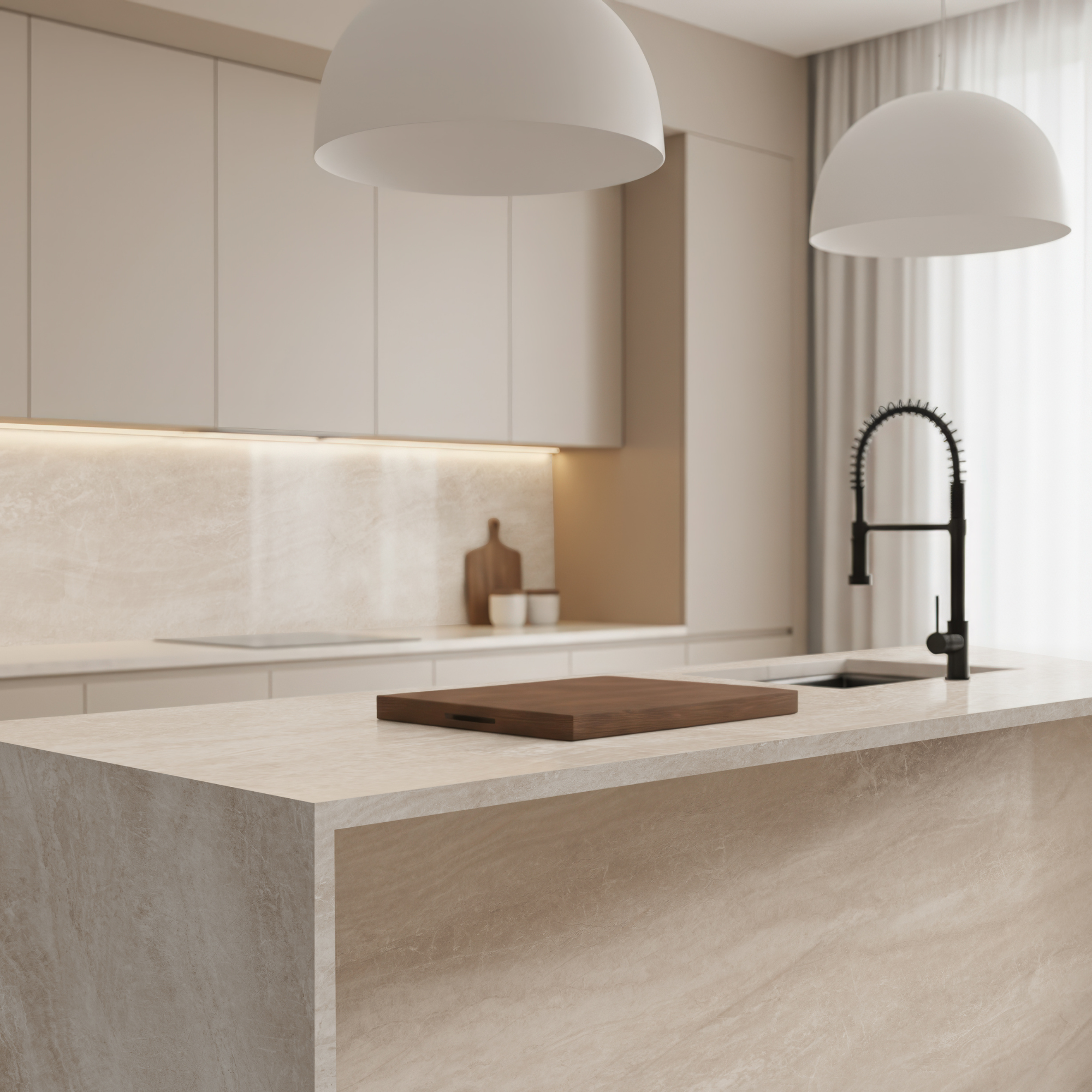 Soft beige sintered stone benchtop design