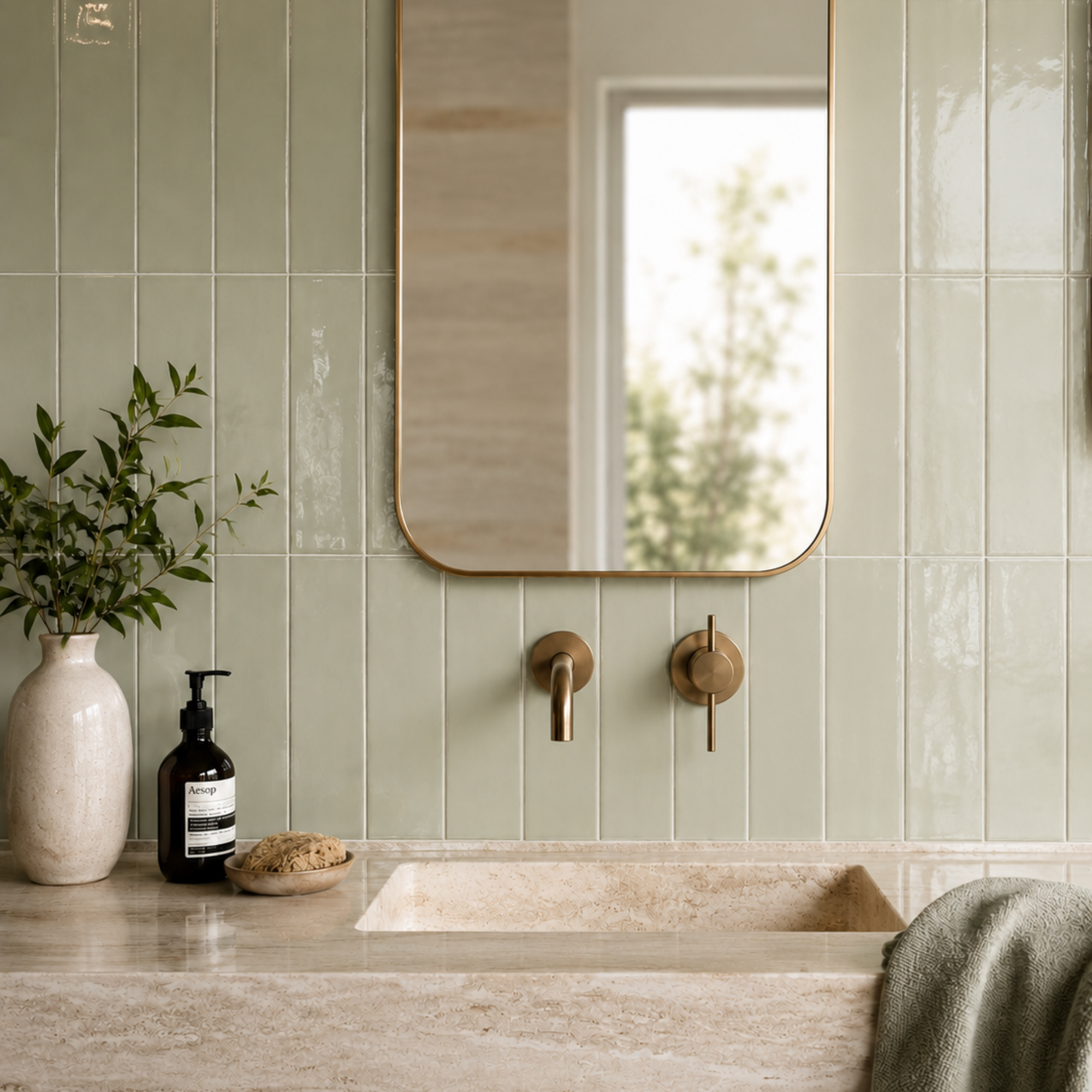 Marlow Sage gloss subway wall tiles (50x200mm) with a handmade-look glaze, suited to bathrooms, kitchens and feature walls.
