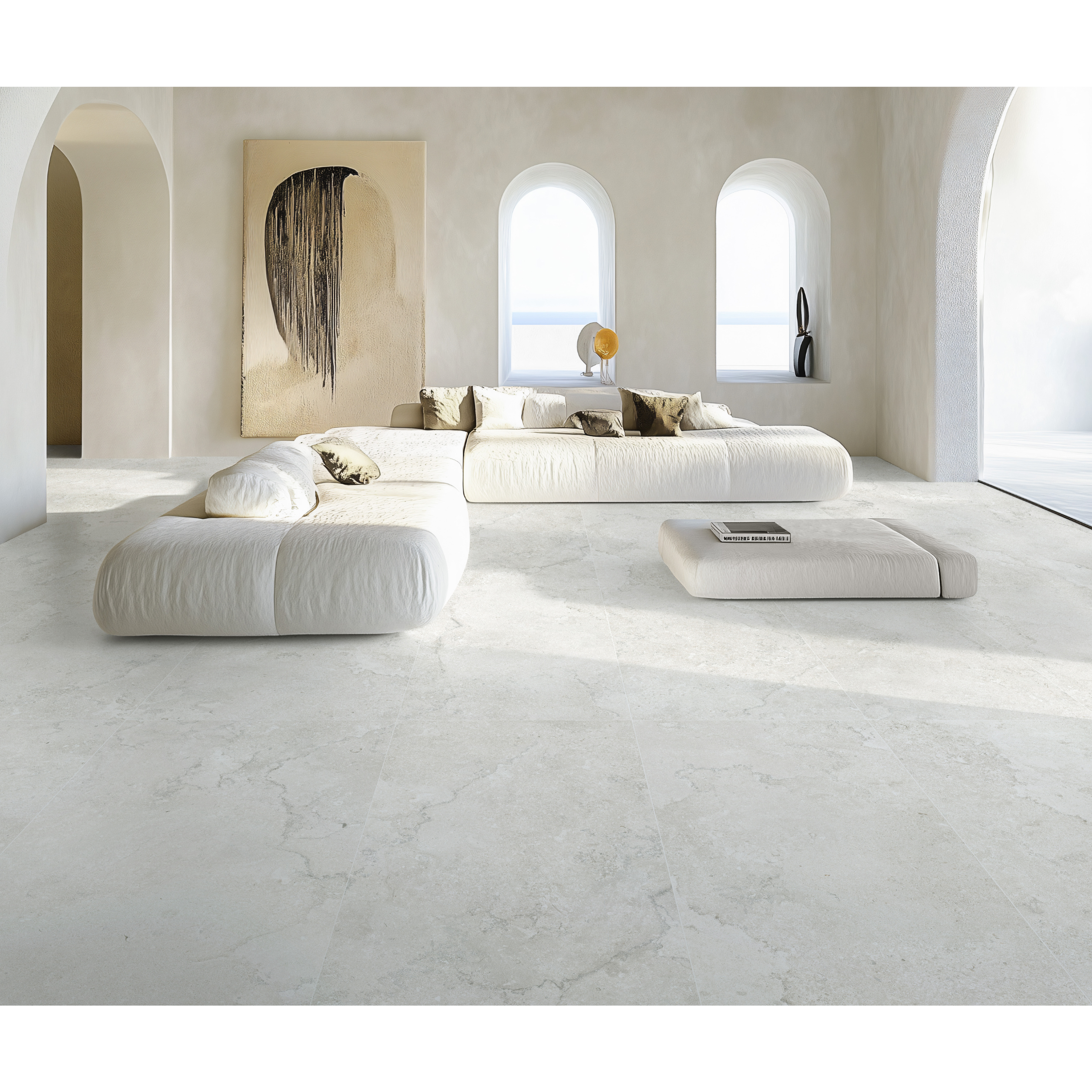 Light limestone inspired porcelain tile with subtle movement
