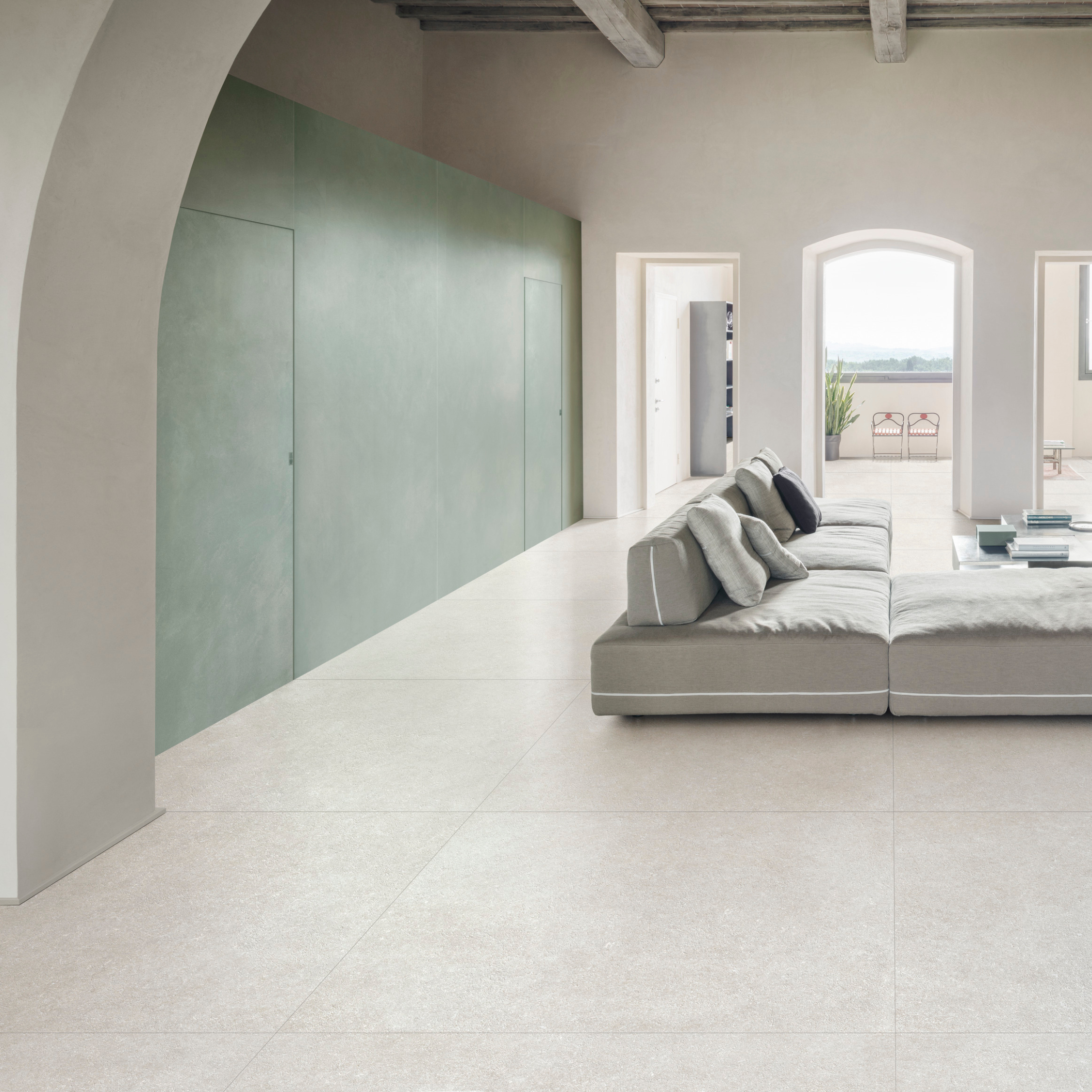 Italian limestone inspired porcelain tile in soft white tones