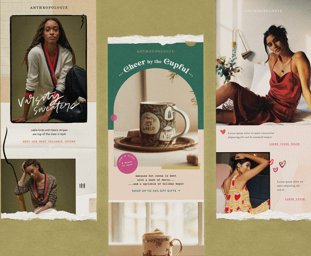 A collage of images and text promoting fashion and holiday gifts, featuring women in stylish outfits, a coffee mug with holiday design, and various decorative backgrounds.