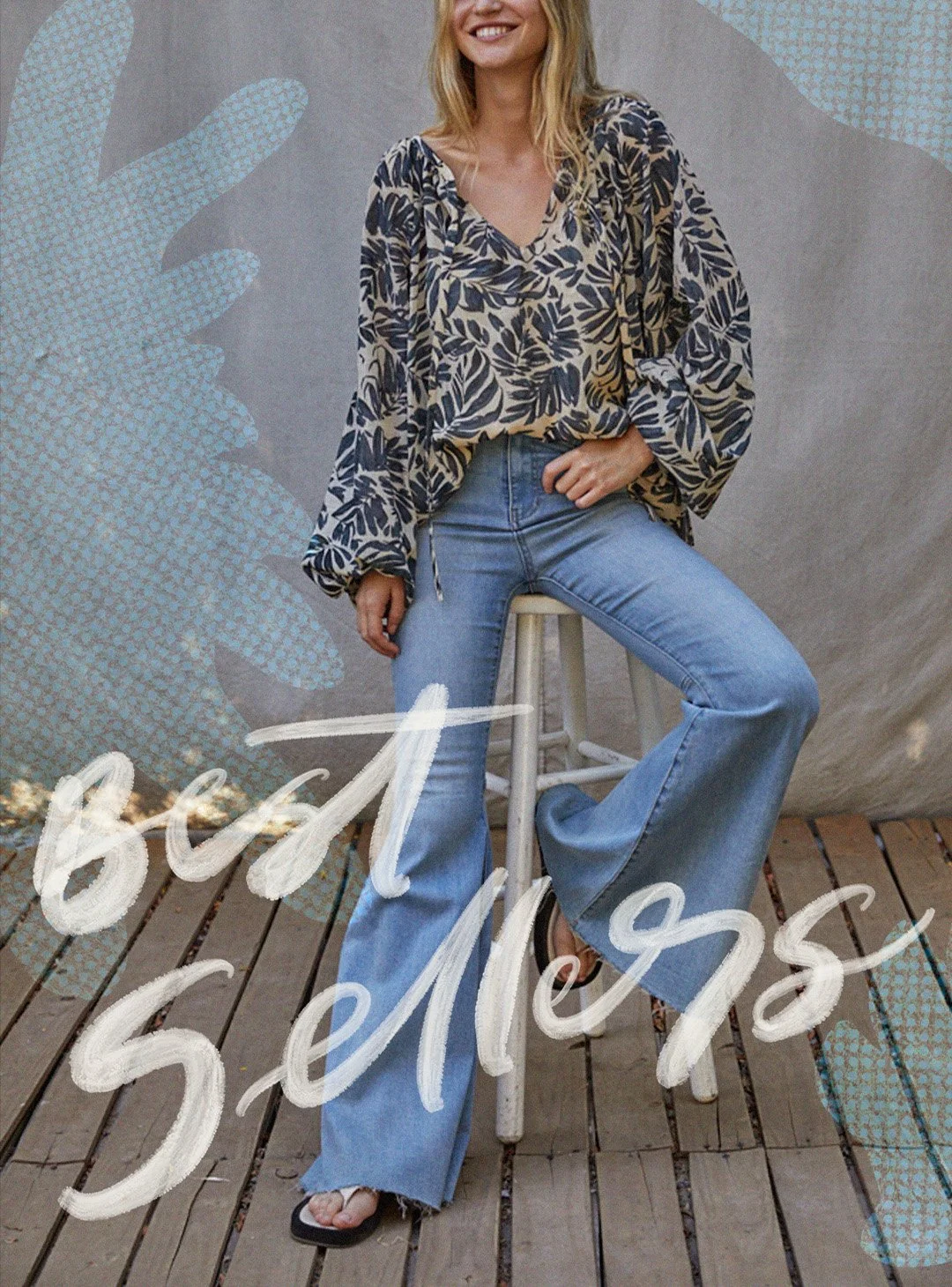 Bespoke custom illustration typography of "Best Sellers" for elevated bohemian fashion brand email and catalog graphic design. Typography is overlaid on a model wearing a flowy bohemian style top and bell bottoms.