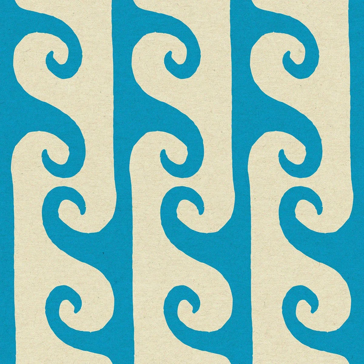 Hand drawn abstract curling spiral blue and cream wave pattern design