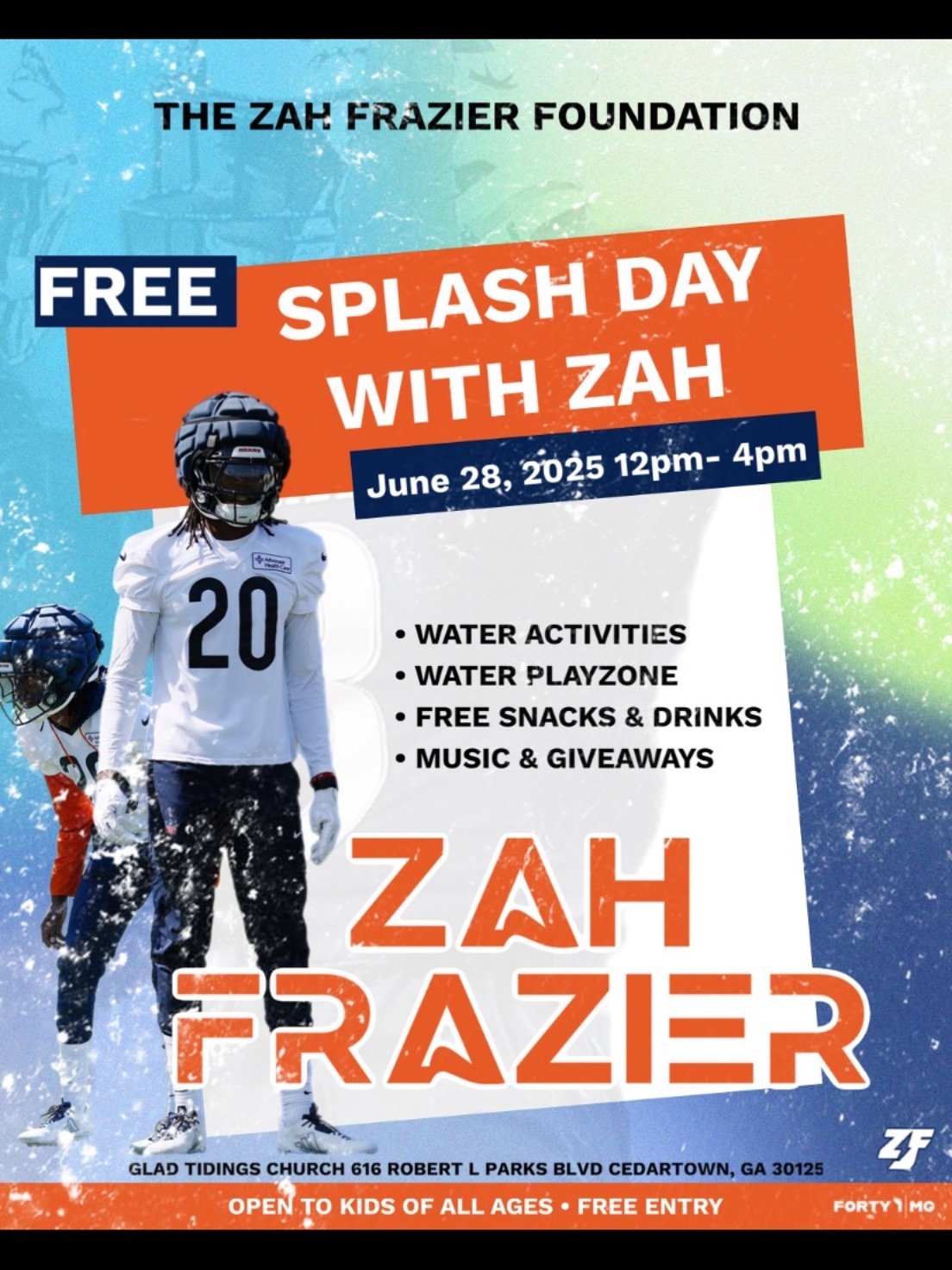 June 28, 2025 &mdash; Chicago Bears Rookie Cornerback Zah Frazier will be hosting a Free Fun Day for the Cedartown community. Children of all ages welcome.