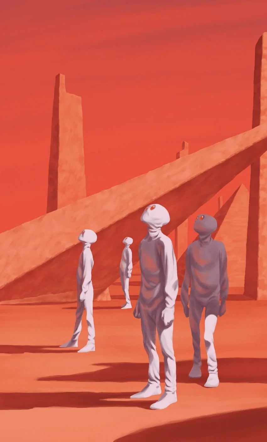 Four humanoid aliens with smooth gray skin and large orange eyes standing on an orange desert landscape with futuristic structures in the background. The sky is a gradient of orange hues.