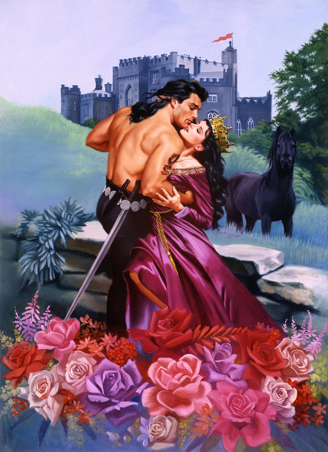 A romantic scene depicting a shirtless man with long black hair and a woman with a crown, dressed in a purple gown, embracing in front of a castle with a black horse nearby. The area is decorated with colorful flowers in the foreground.