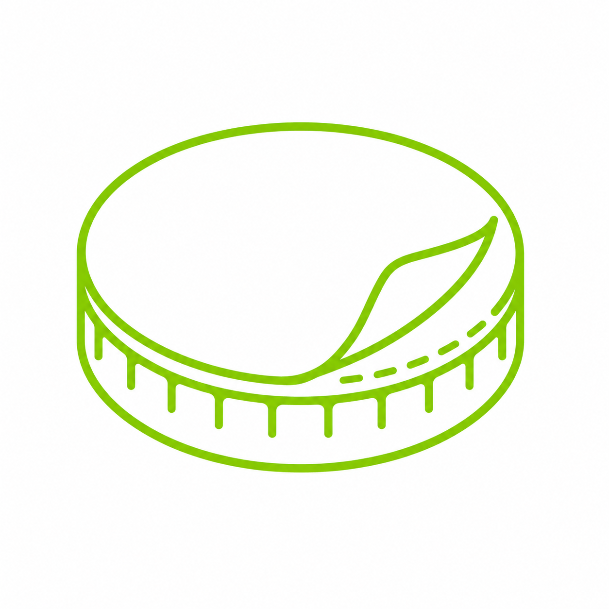 Green outline of a coin with a leaf pattern on the side.