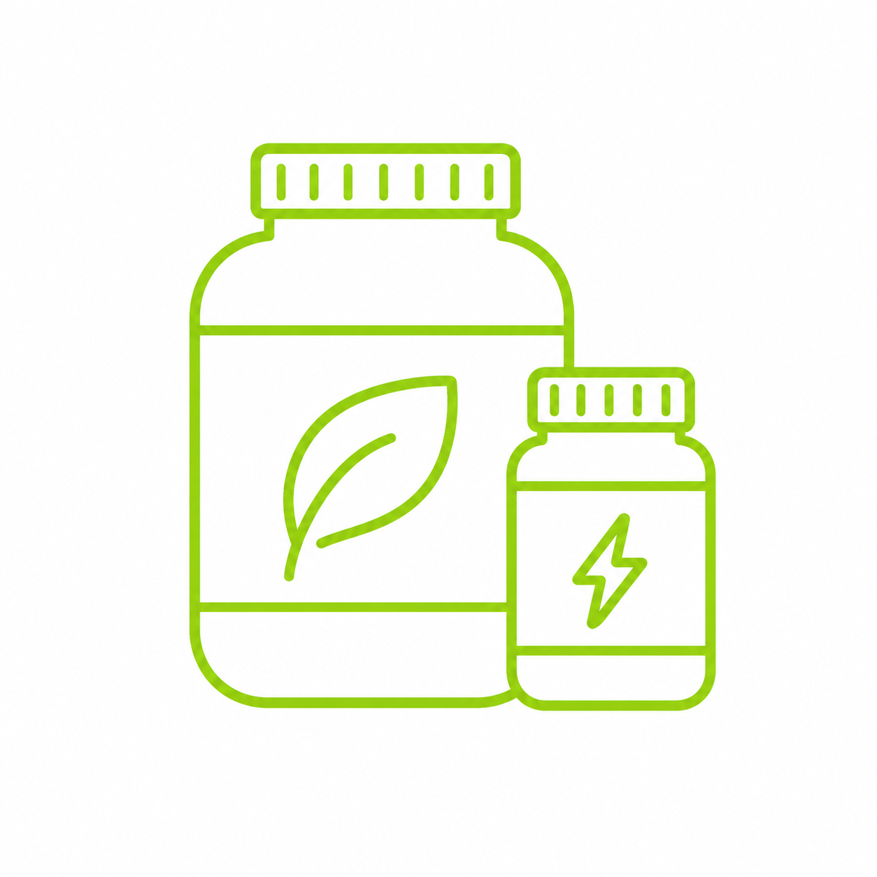 Line drawing of two bottles, one with a leaf symbol and the other with a lightning bolt symbol, representing natural and energy products.