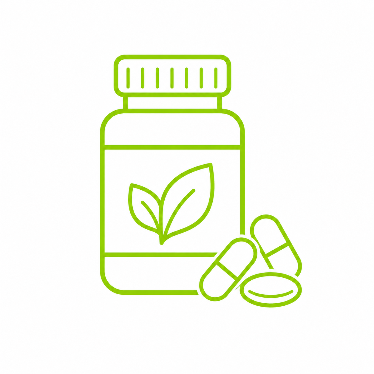 Line drawing of a vitamin bottle with a leaf label, accompanied by pills and capsules.