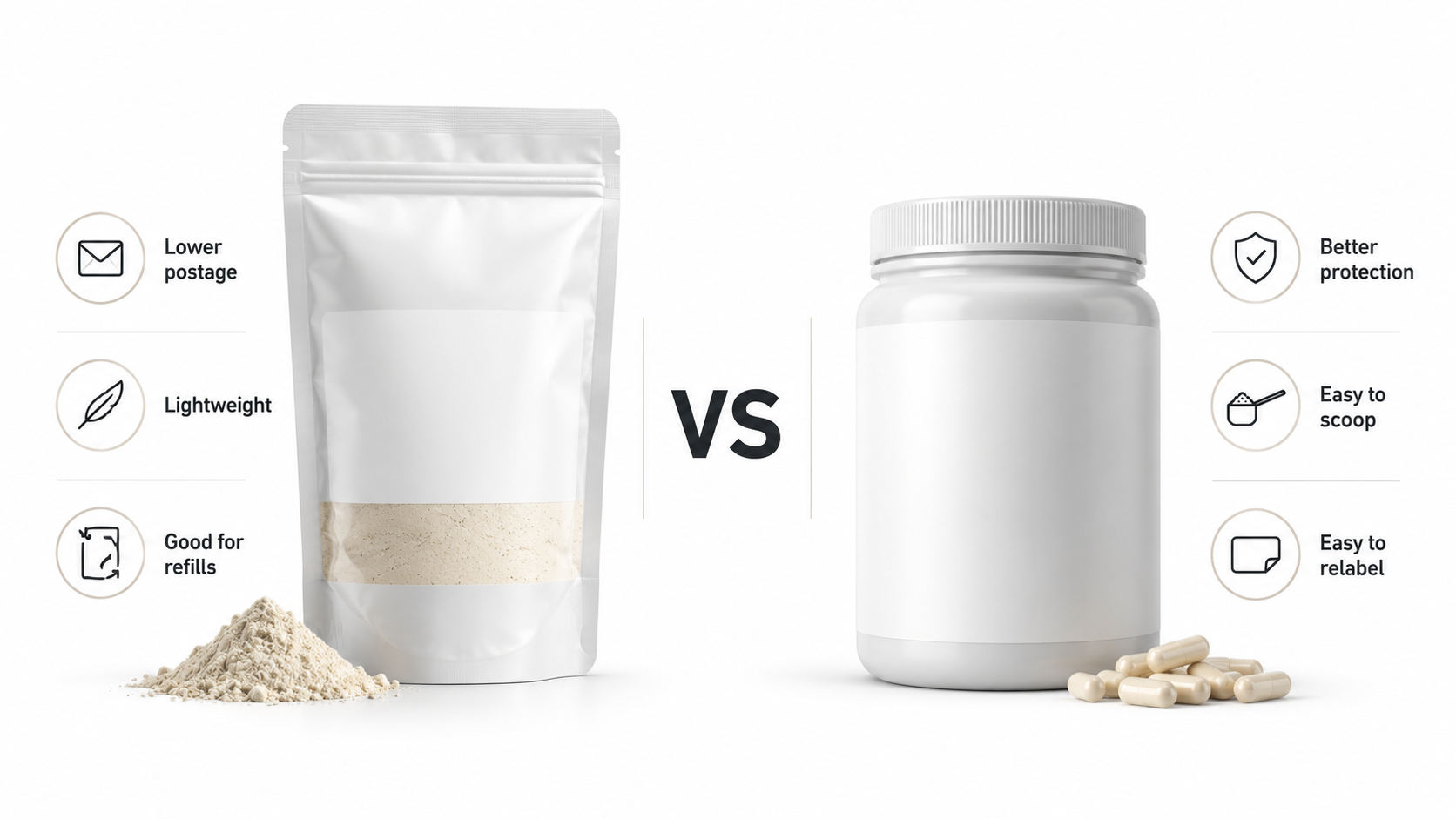 Comparison of powder supplement and capsules, with text highlighting benefits like lower postage, lightweight, good for refills, better protection, easy to scoop, and easy to relabel.