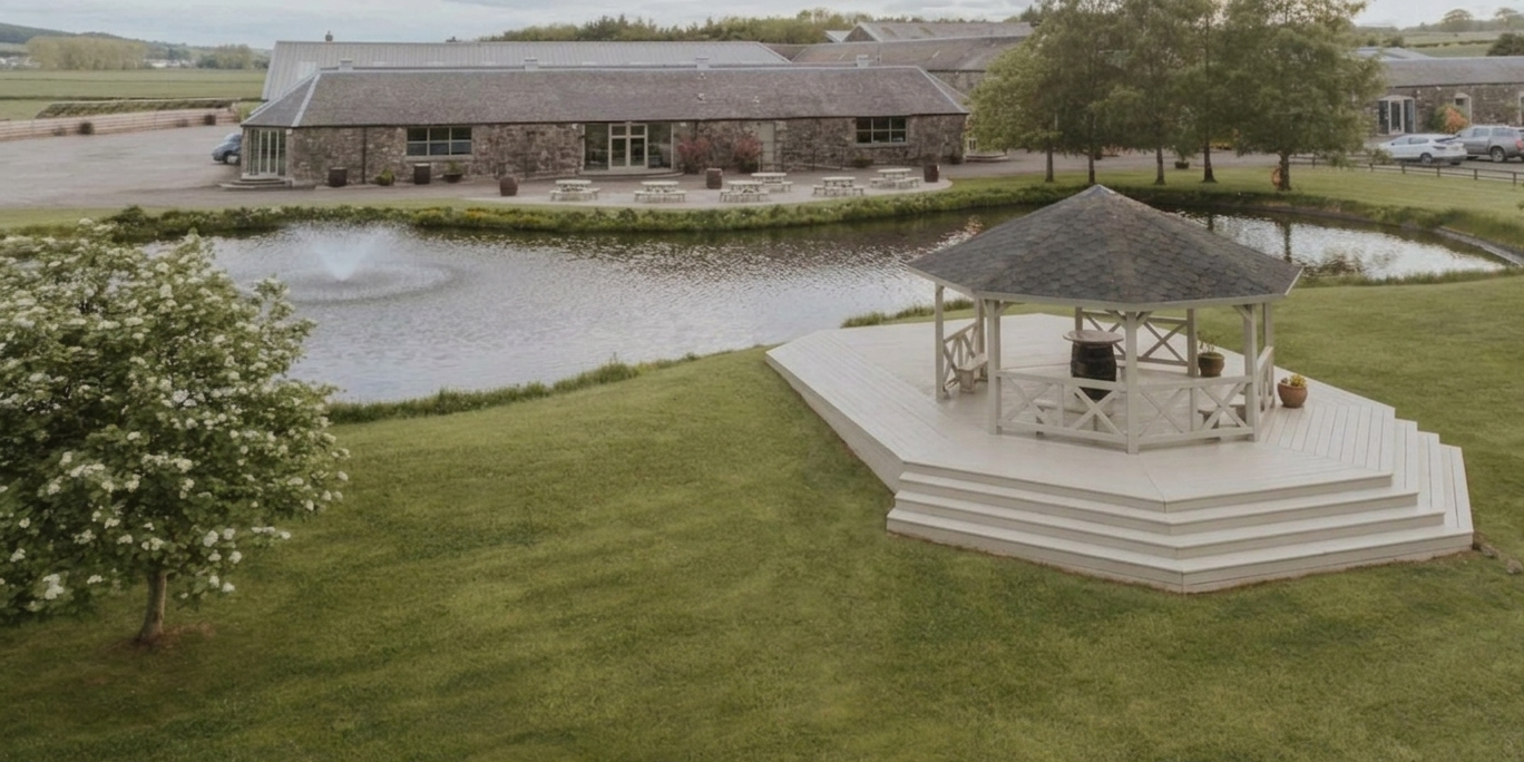 Exterior view of Bachilton Barn wedding venue in Perthshire, Scotland, showing the rustic stone barn architecture and flat, accessible grounds for outdoor wedding photography.