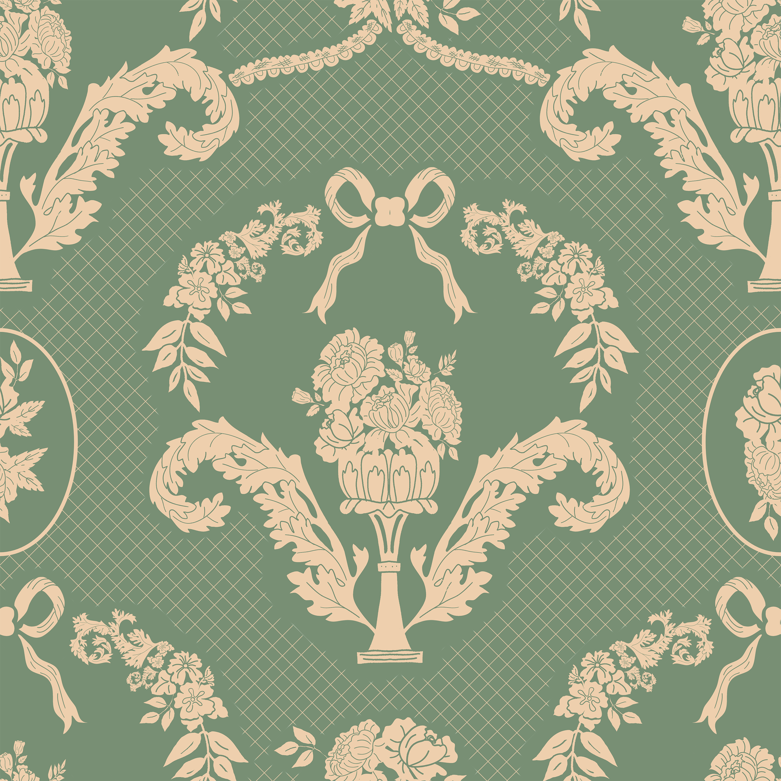 Hand-drawn florals, ribbons and lace combine to create a Victorian era-inspired damask design