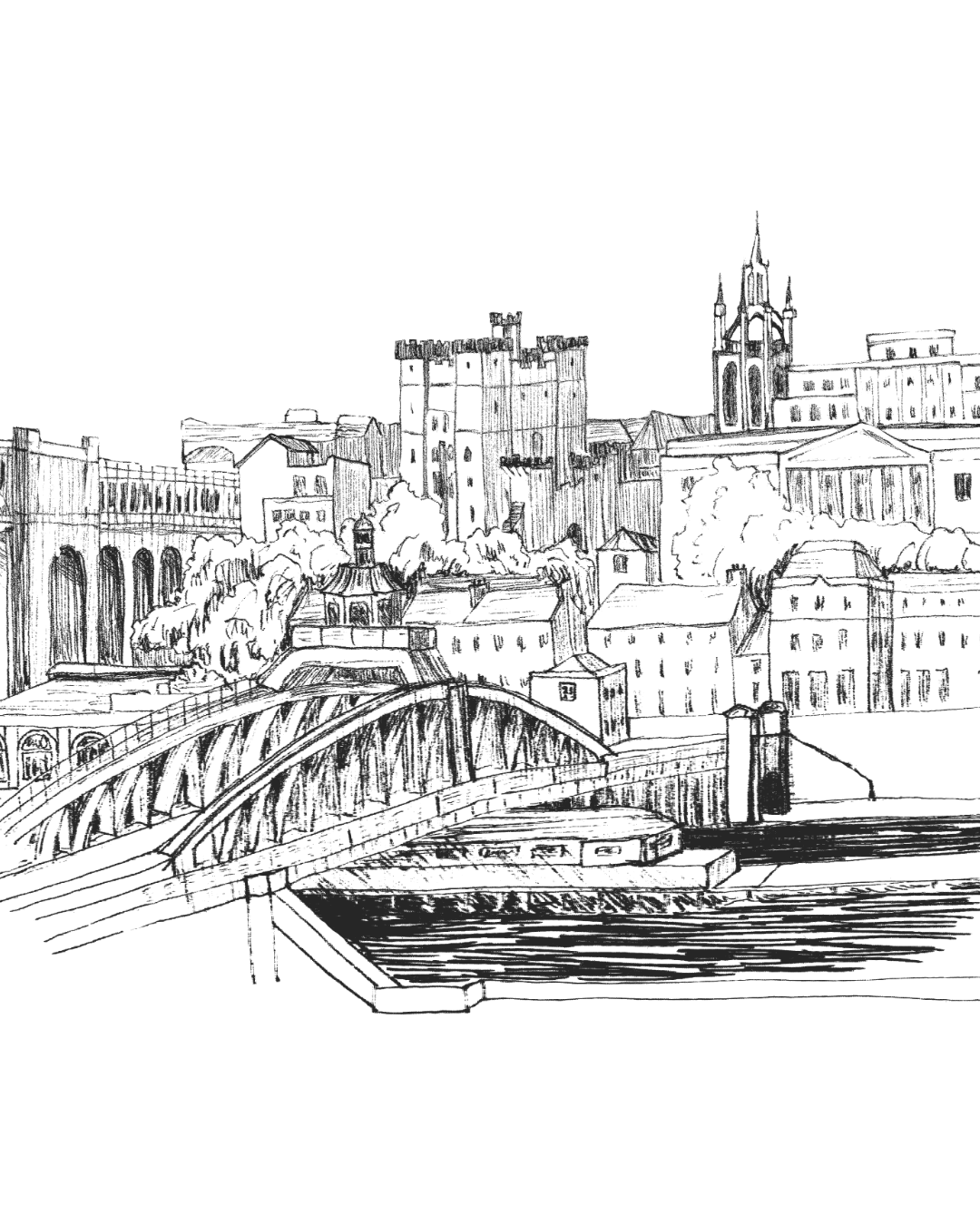Pen illustration of Newcastle-upon-Tyne, including the Swing Bridge, Castle and Cathedral