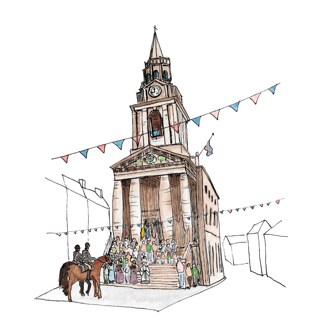 Berwick Guildhall during the annual Riding of the Bounds event (pen and watercolour)