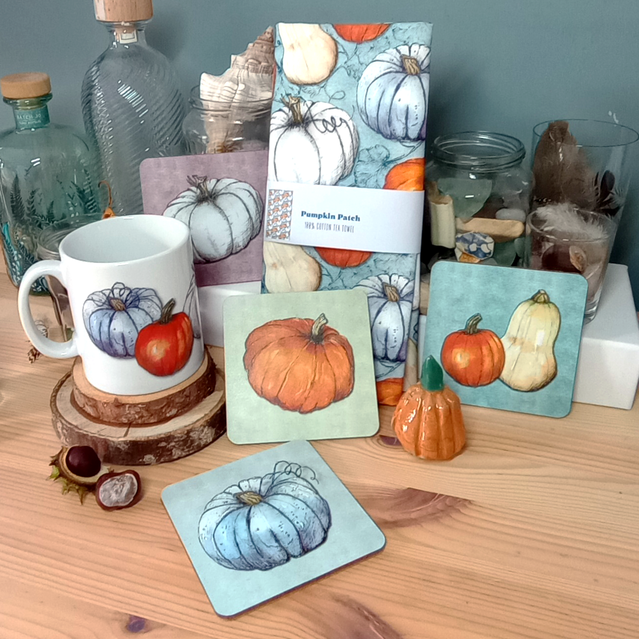 Pumpkin Patch Eco Gift Set – Illustrated Ceramic Mug, Cotton Tea Towel & Wooden Coasters (Autumn Kitchen Gift, UK-Made)