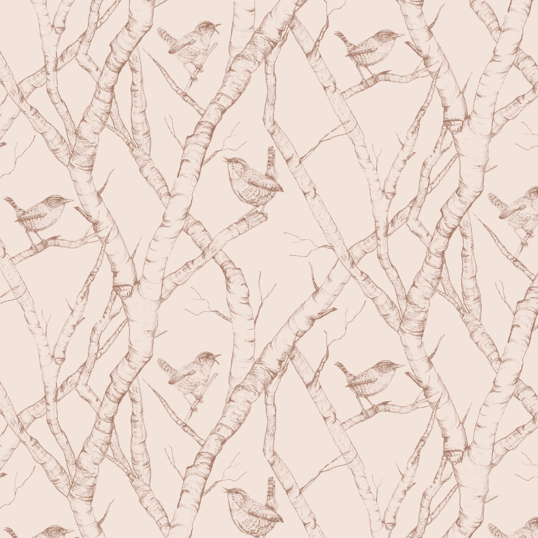 Seamless repeat pattern featuring hand-drawn wrens on winter branches