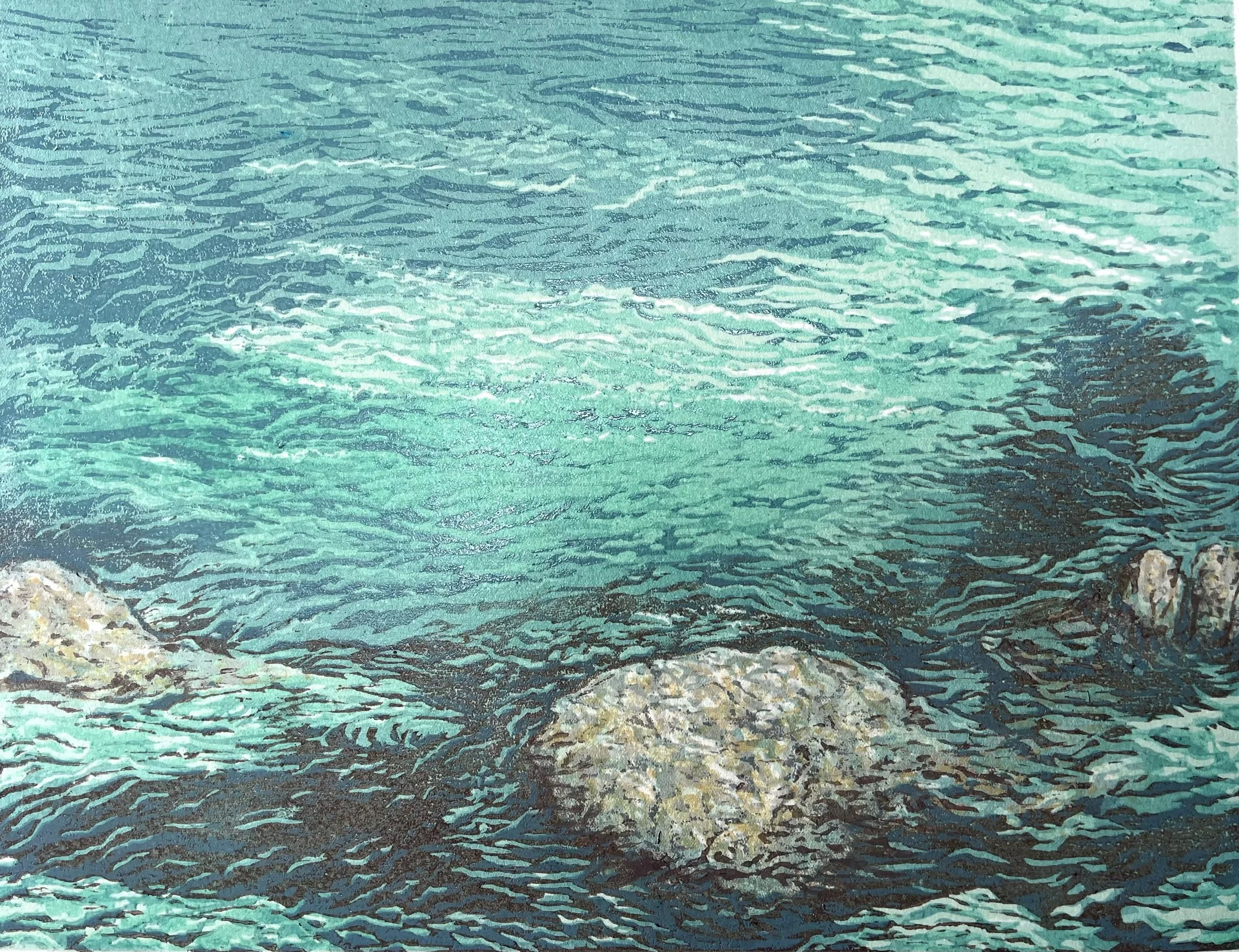 new woodcut, Lundy sea and granite, looking down at light and movement.  other photos (some with truer colour than others) show the layers building. 9 in all I think.  #woodcut #ocean #Lundy #northdevon #granite
